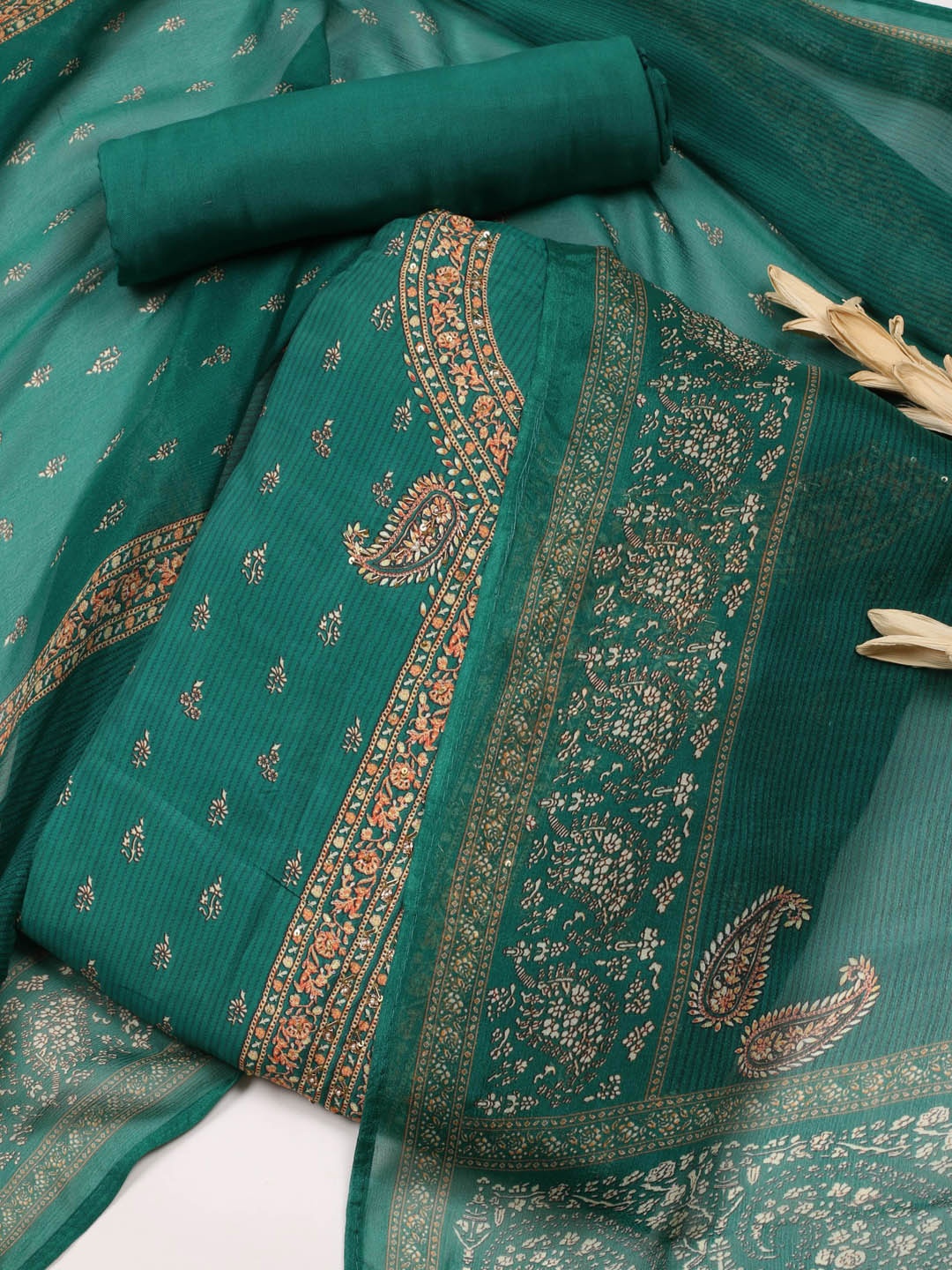 

Meena Bazaar Ethnic Motifs Printed Unstitched Dress Material, Green