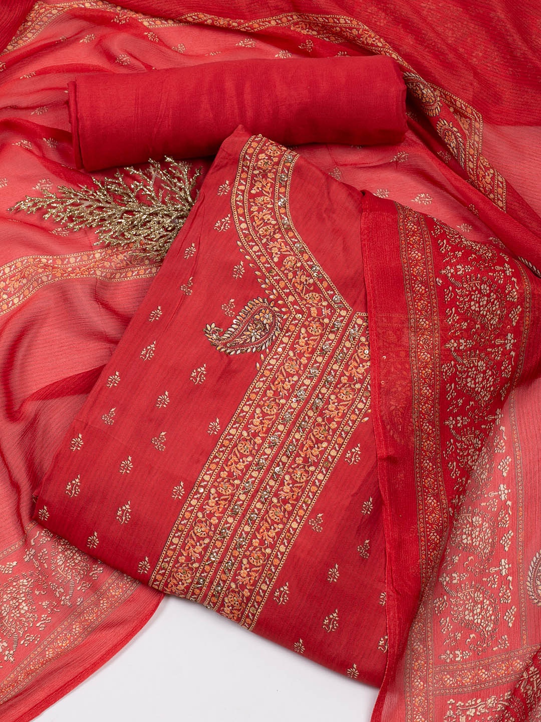

Meena Bazaar Ethnic Motifs Printed Unstitched Dress Material, Red