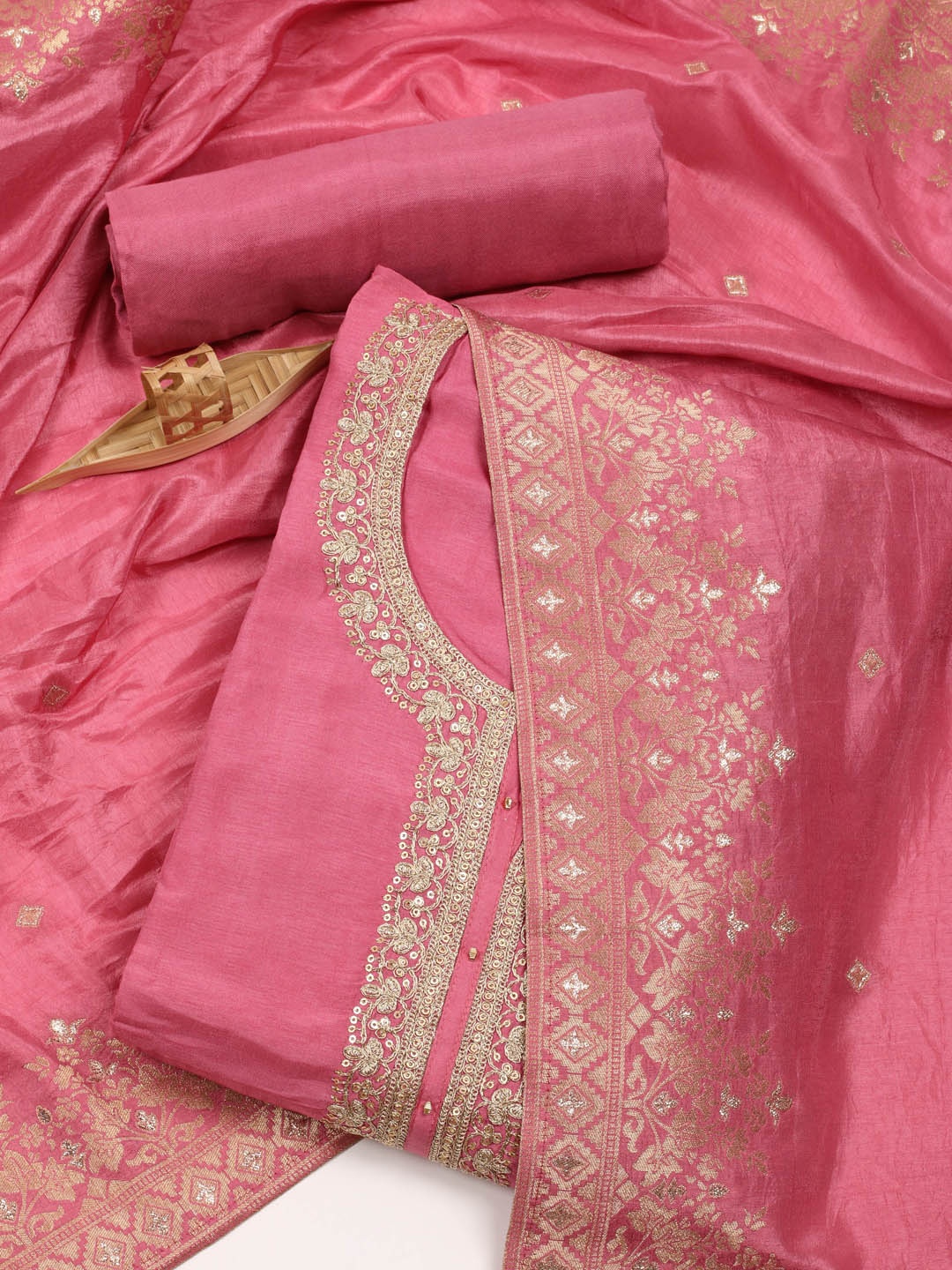 

Meena Bazaar Floral Woven Design Unstitched Dress Material, Pink