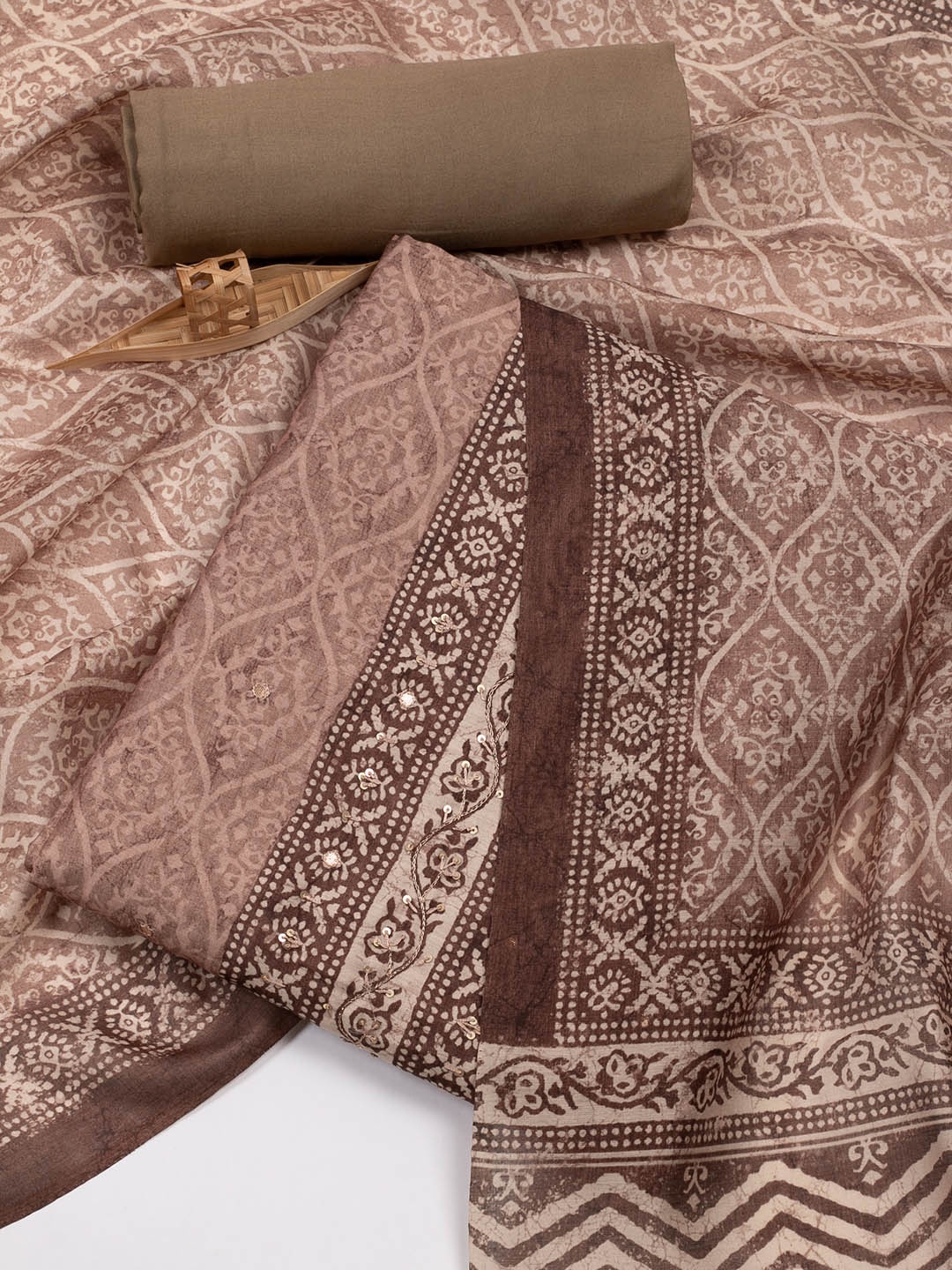 

Meena Bazaar Ethnic Motifs Printed Unstitched Dress Material, Brown