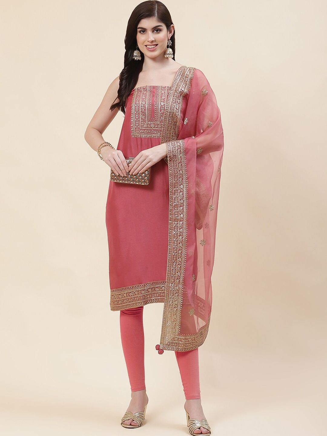 

Meena Bazaar Ethnic Motifs Embroidered Unstitched Dress Material, Pink