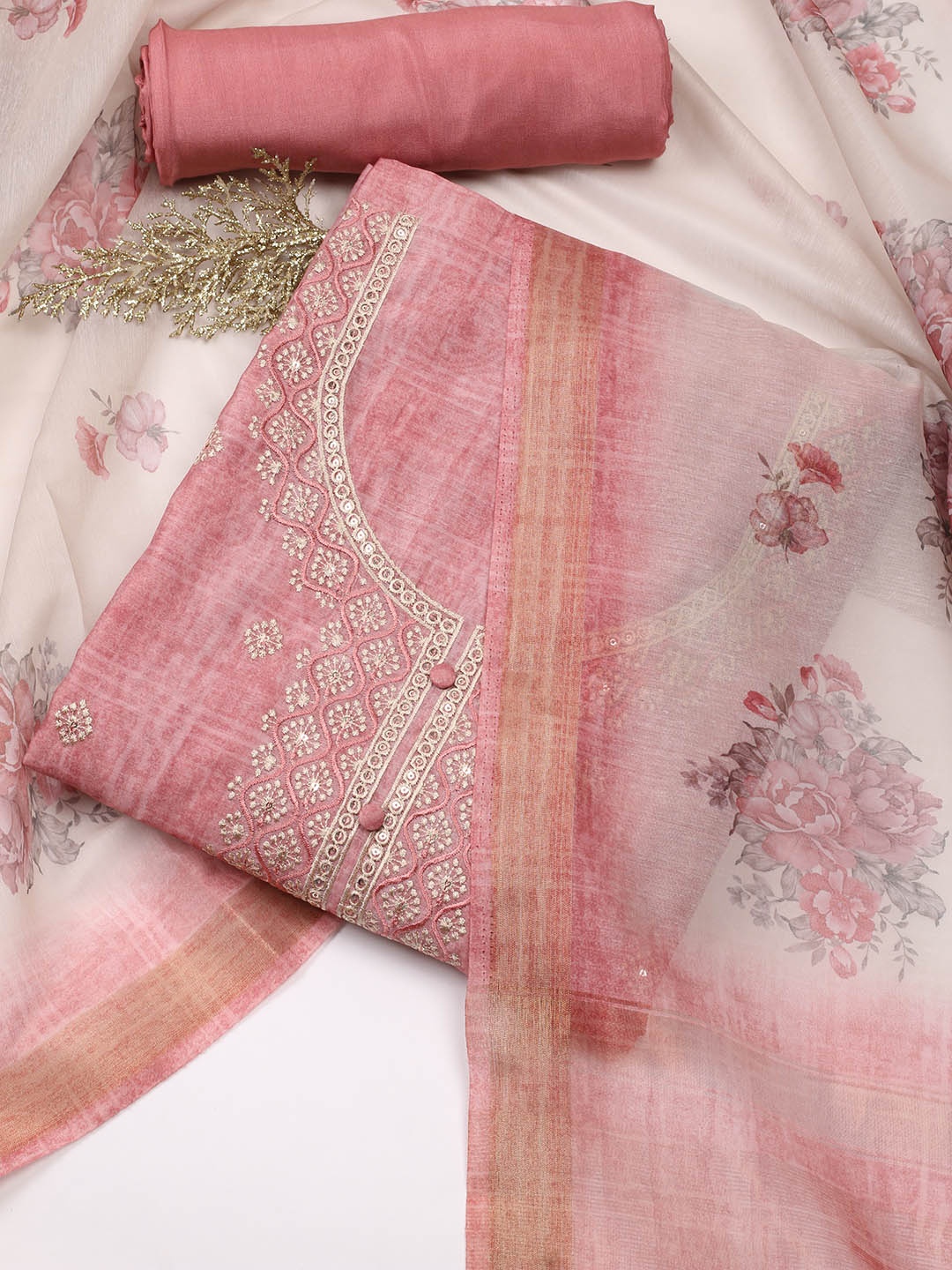 

Meena Bazaar Floral Embroidered Unstitched Dress Material, Pink