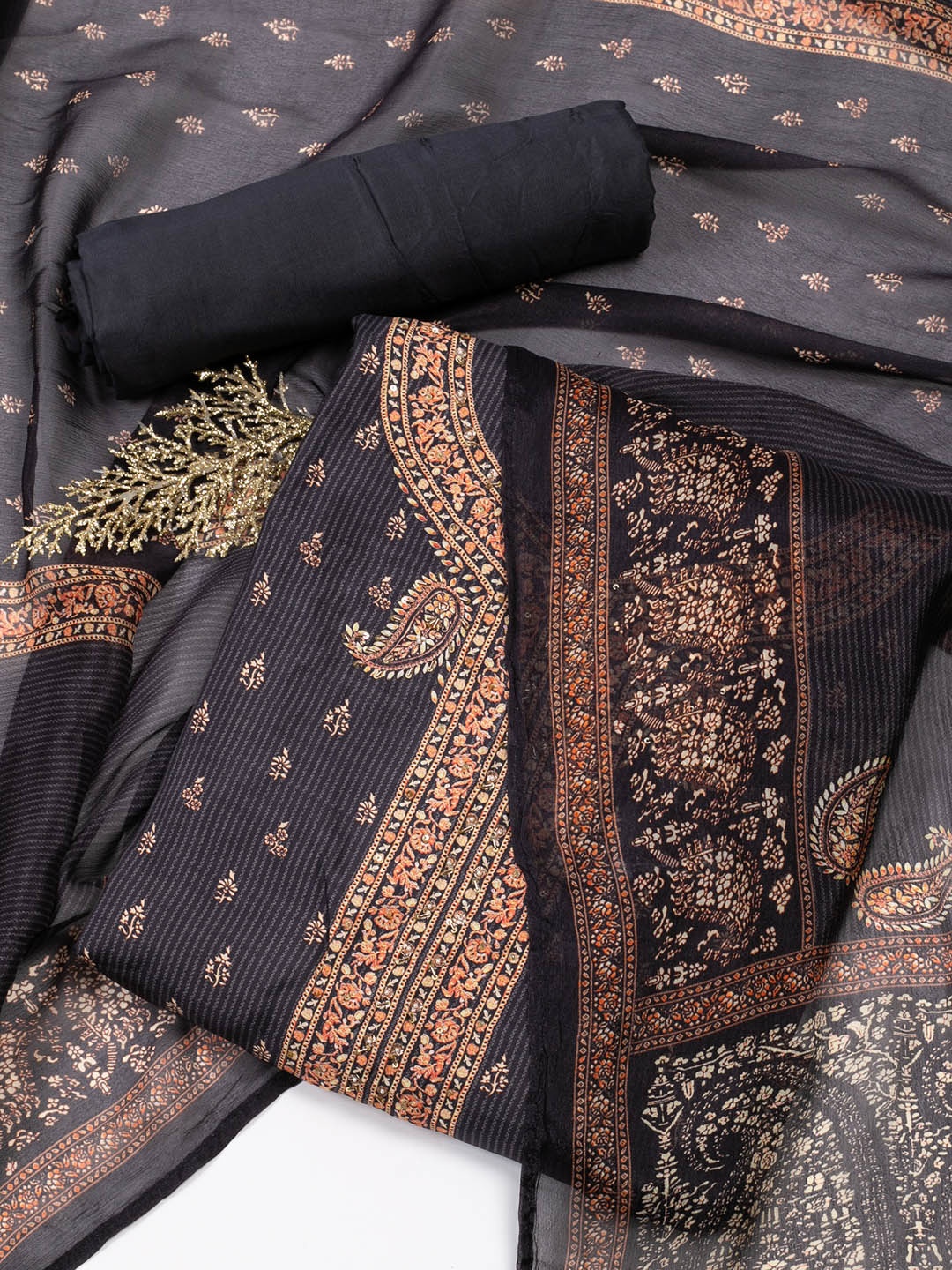 

Meena Bazaar Ethnic Motifs Printed Unstitched Dress Material, Black