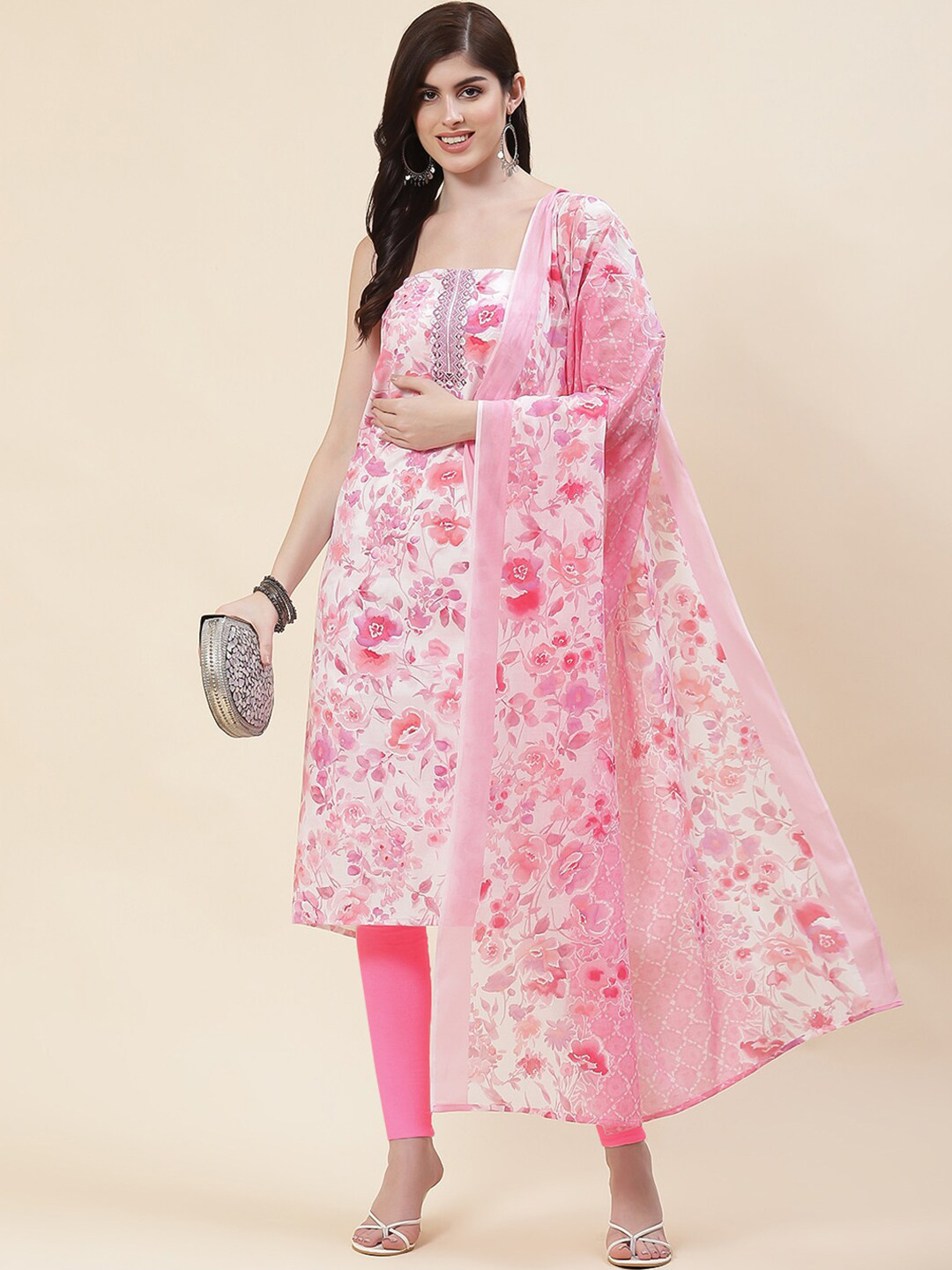 

Meena Bazaar Floral Printed Unstitched Dress Material, Pink
