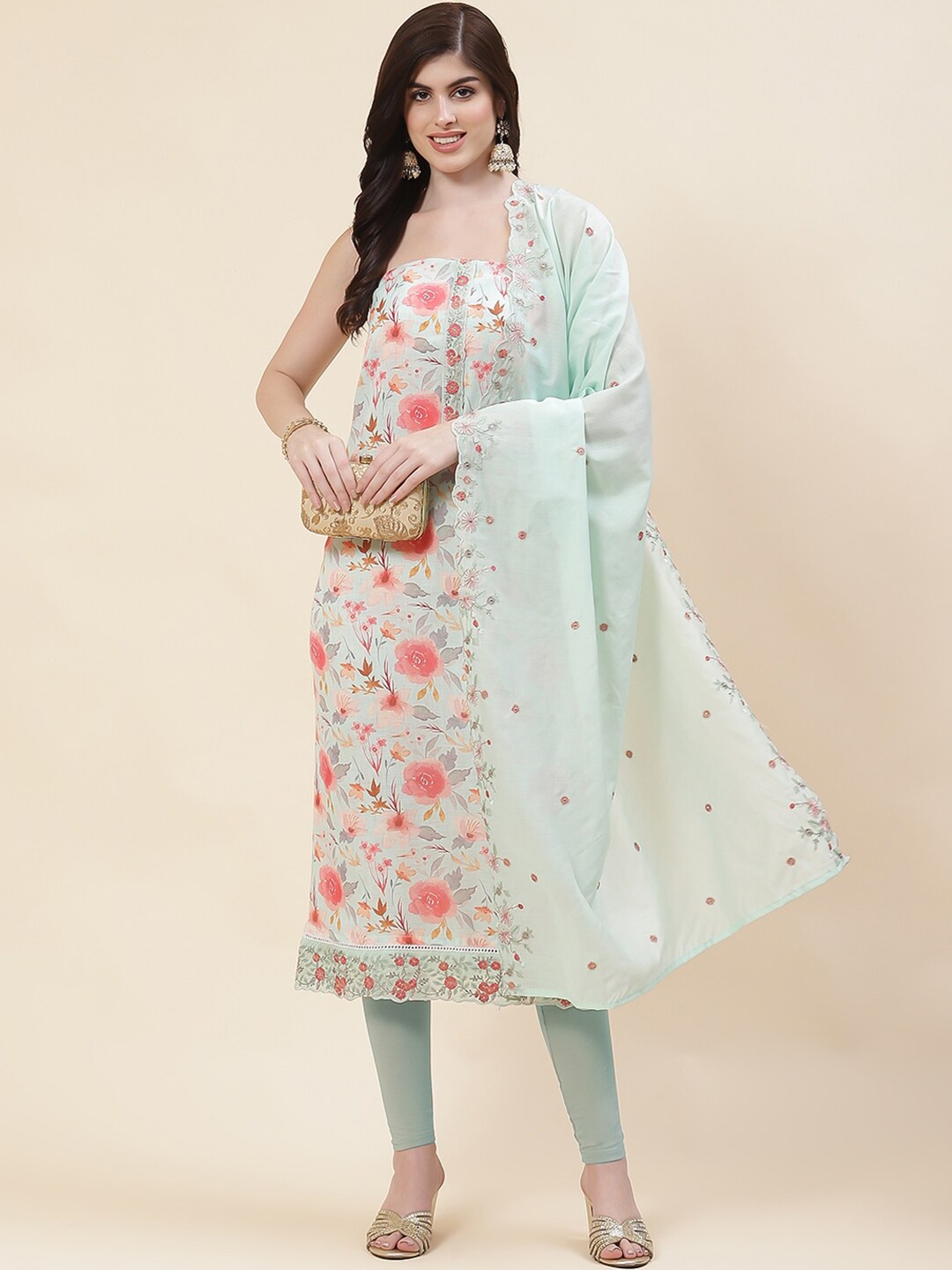 

Meena Bazaar Floral Printed Unstitched Dress Material, Sea green