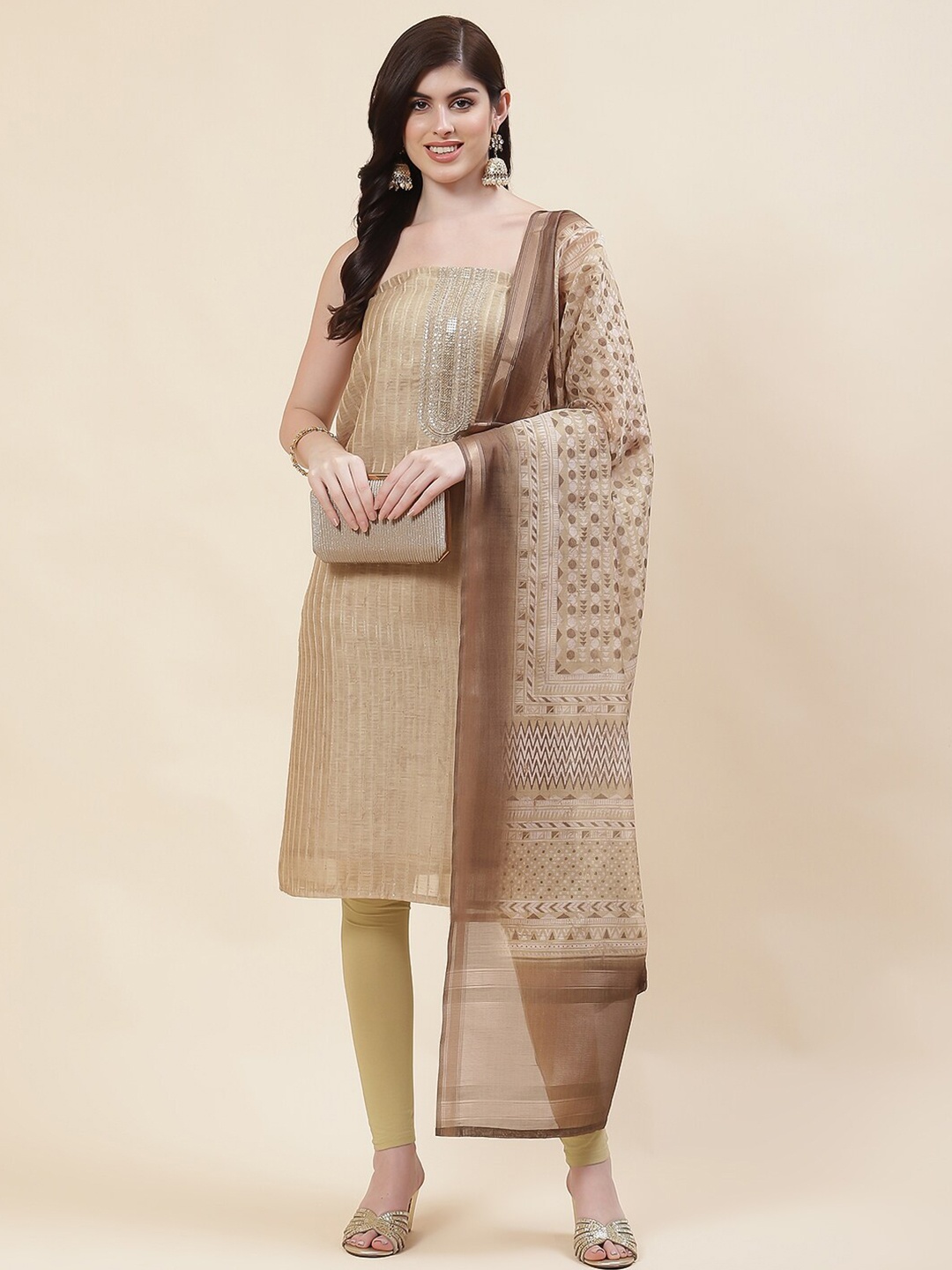 

Meena Bazaar Striped Embroidered Sequinned Detail Unstitched Dress Material, Taupe