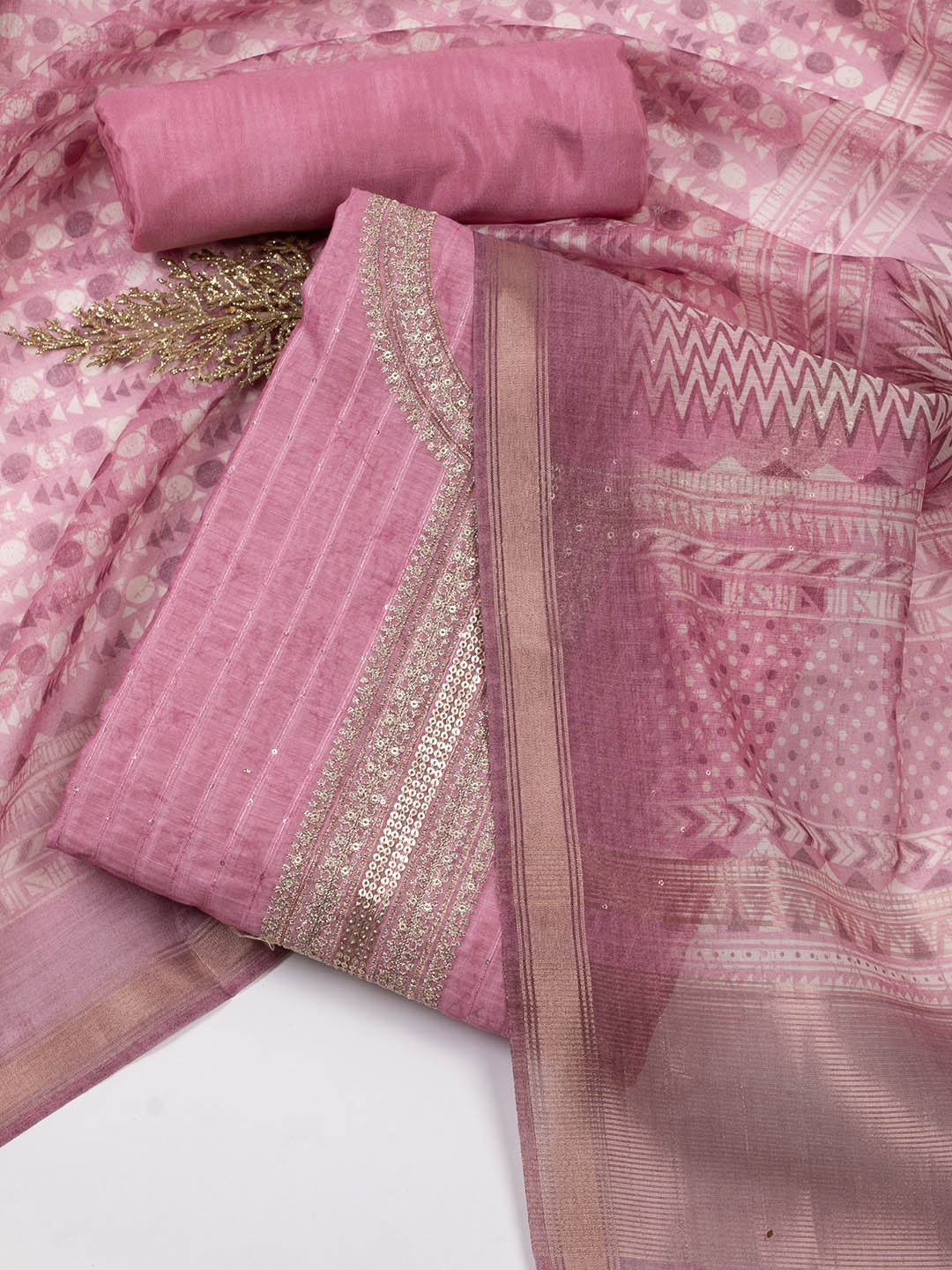 

Meena Bazaar Striped Unstitched Dress Material, Pink