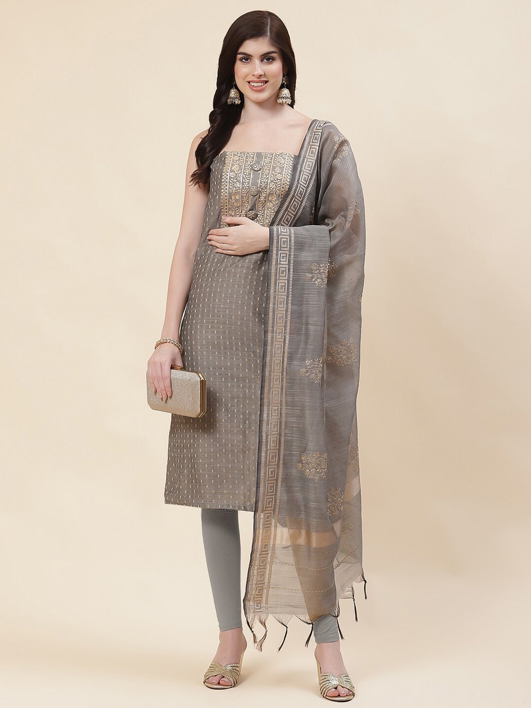 

Meena Bazaar Ethnic Motifs Woven Design Unstitched Dress Material, Grey