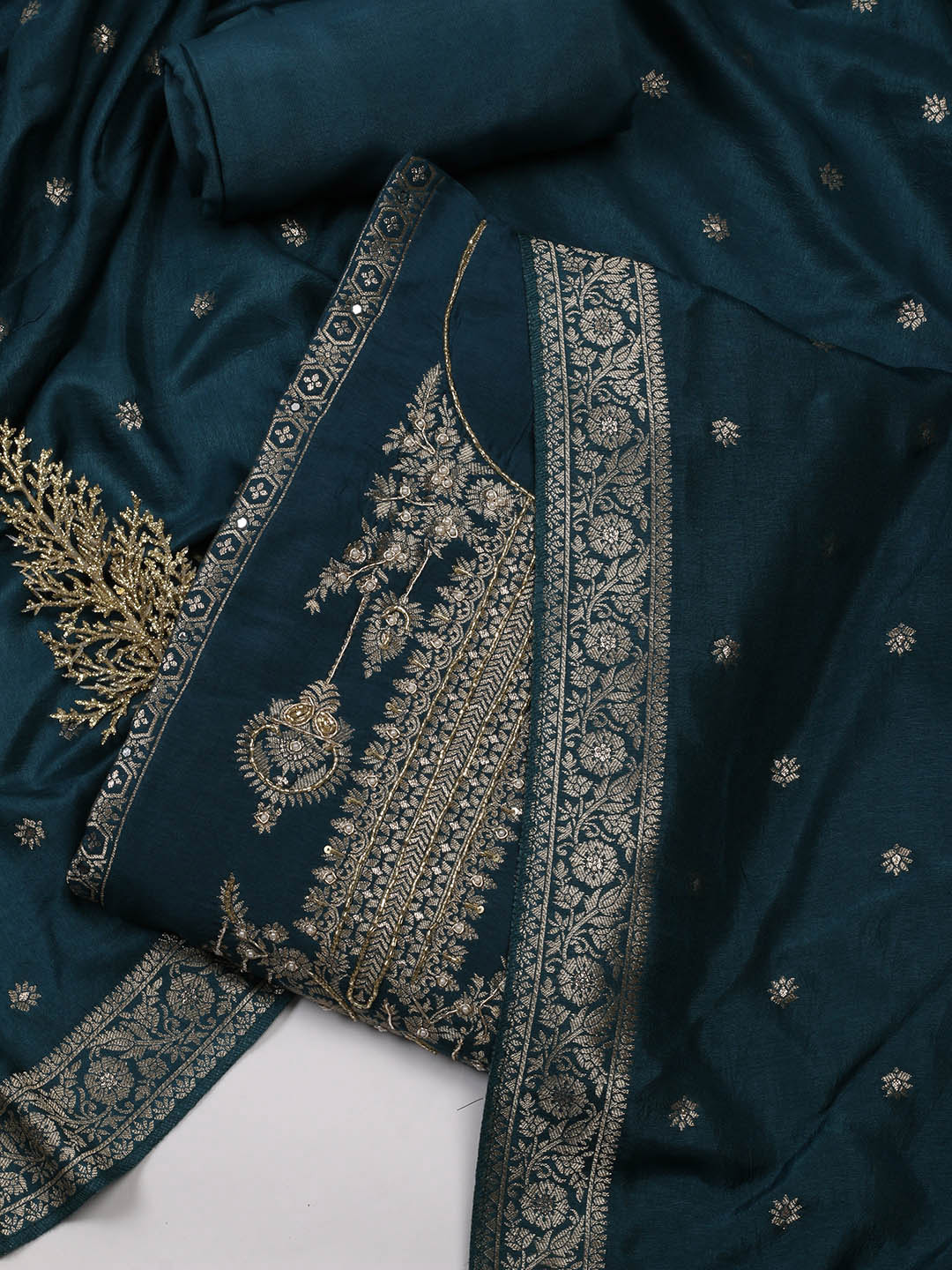 

Meena Bazaar Ethnic Motifs Woven Design Unstitched Dress Material, Teal