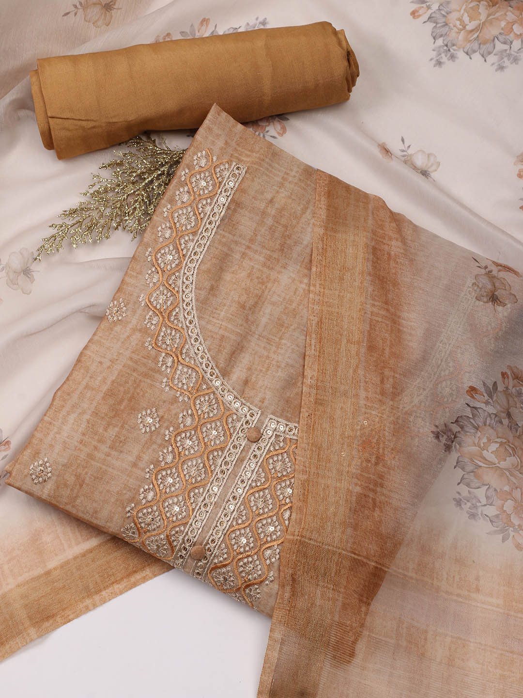 

Meena Bazaar Floral Embroidered Art Silk Unstitched Dress Material, Brown
