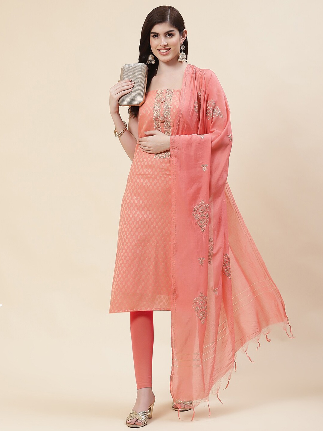 

Meena Bazaar Ethnic Motifs Woven Design Unstitched Dress Material, Peach