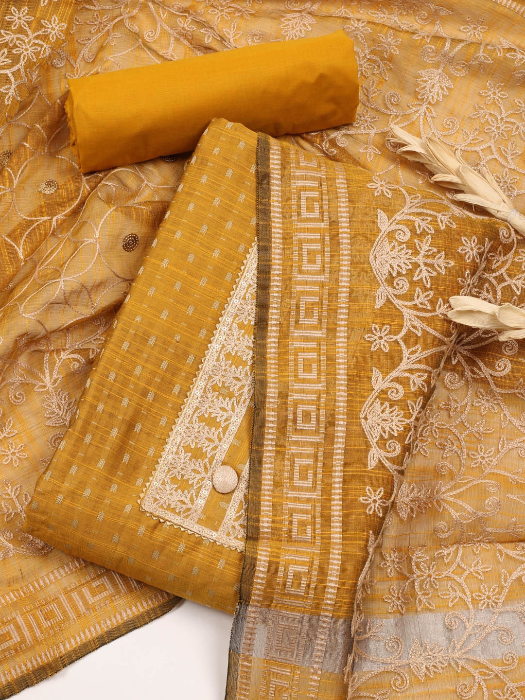 

Meena Bazaar Floral Embroidered Art Silk Unstitched Dress Material, Yellow