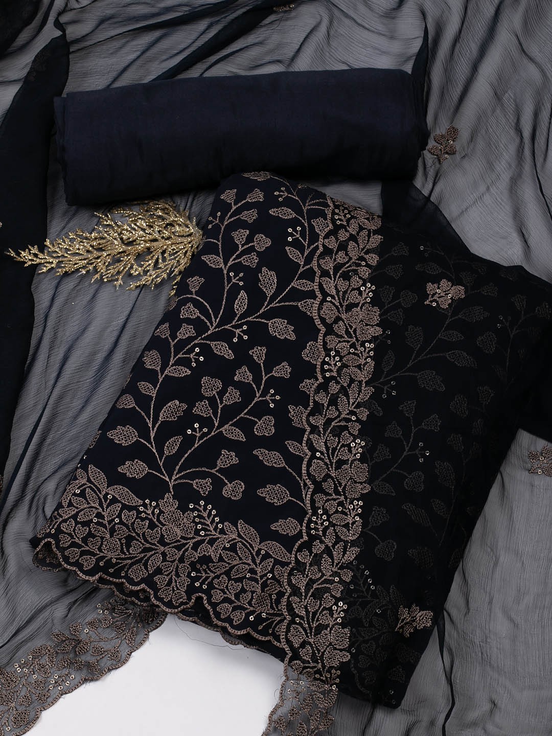 

Meena Bazaar Floral Embroidered Unstitched Dress Material, Navy blue