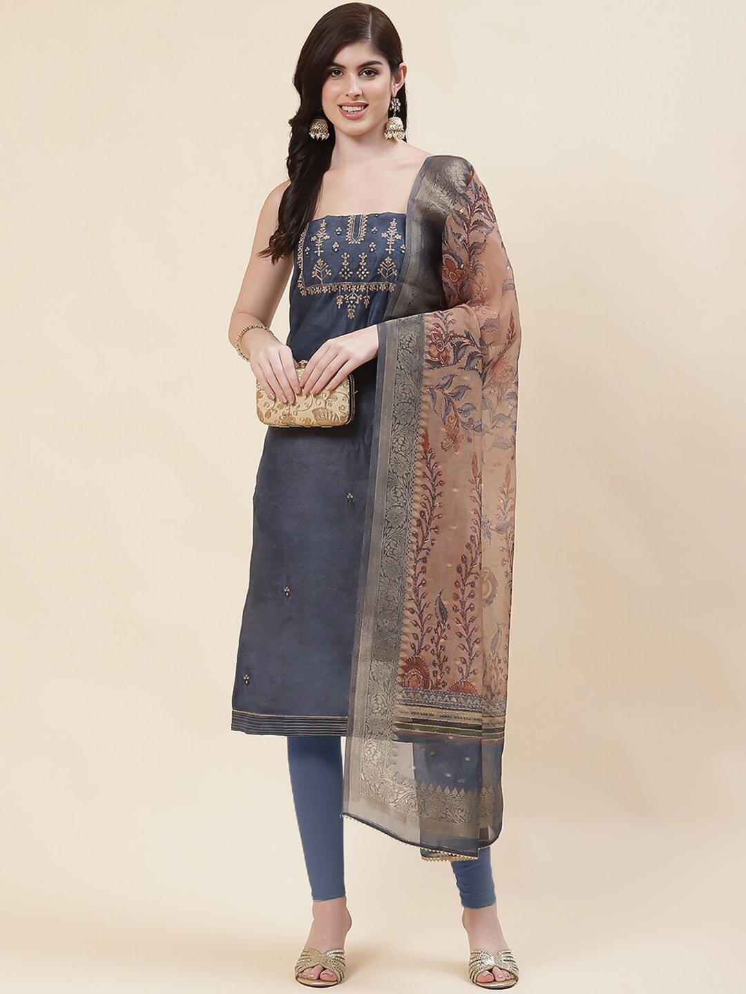 

Meena Bazaar Embroidered Unstitched Dress Material, Navy blue