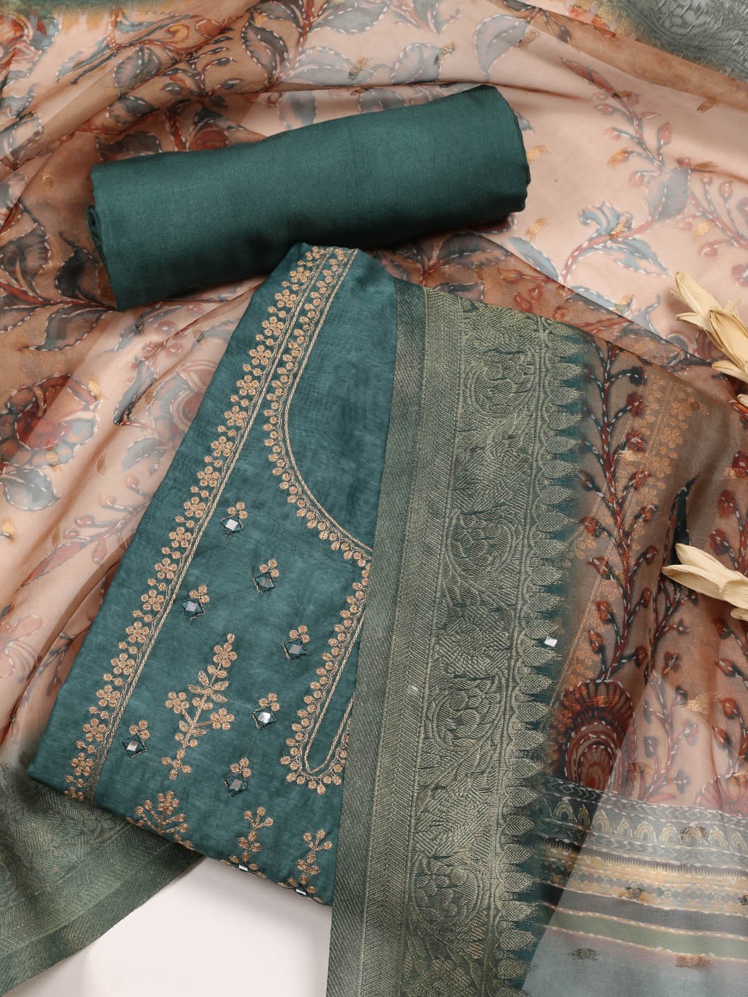 

Meena Bazaar Floral Embroidered Art Silk Unstitched Dress Material, Green