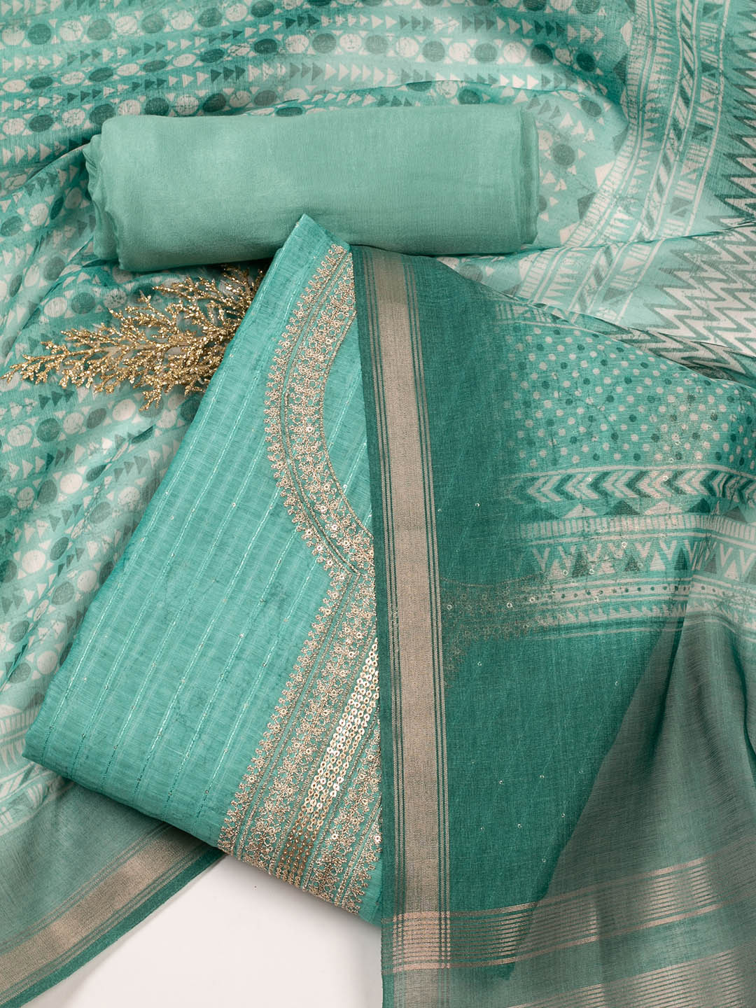 

Meena Bazaar Geometric Printed Art Silk Unstitched Dress Material, Sea green
