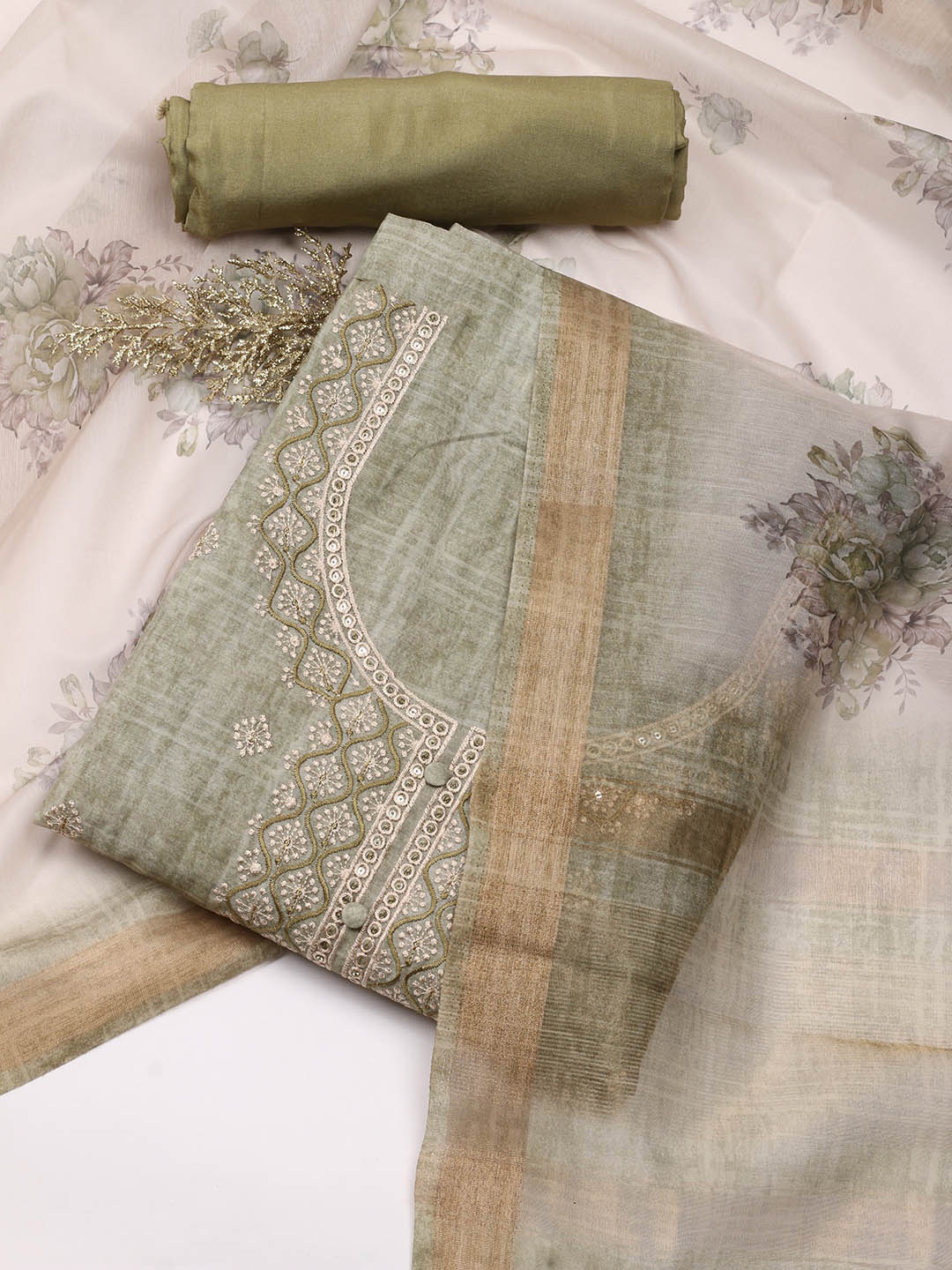 

Meena Bazaar Ethnic Motifs Embroidered Art Silk Unstitched Dress Material, Green
