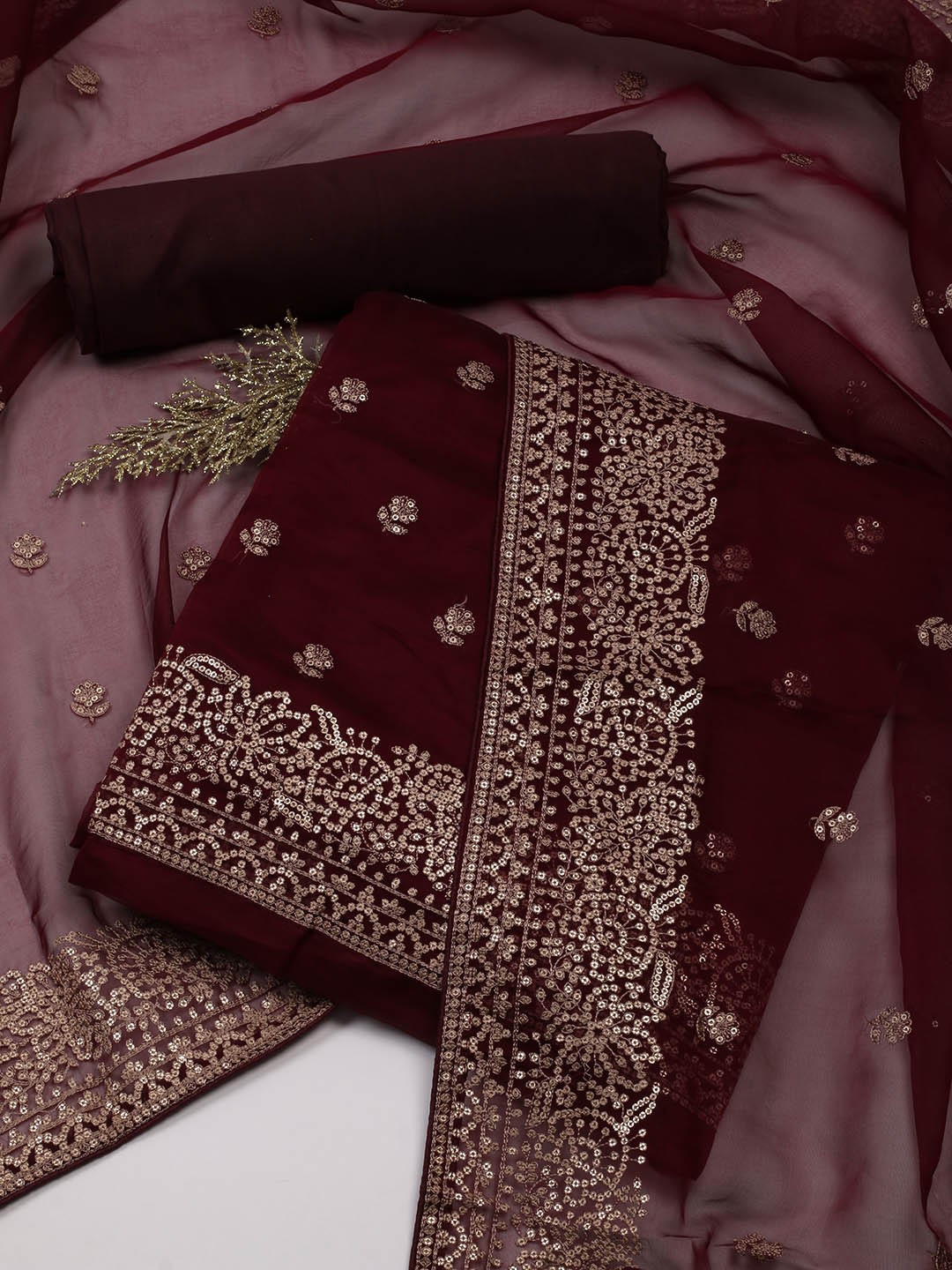 

Meena Bazaar Floral Embroidered Sequinned Organza Unstitched Dress Material, Maroon