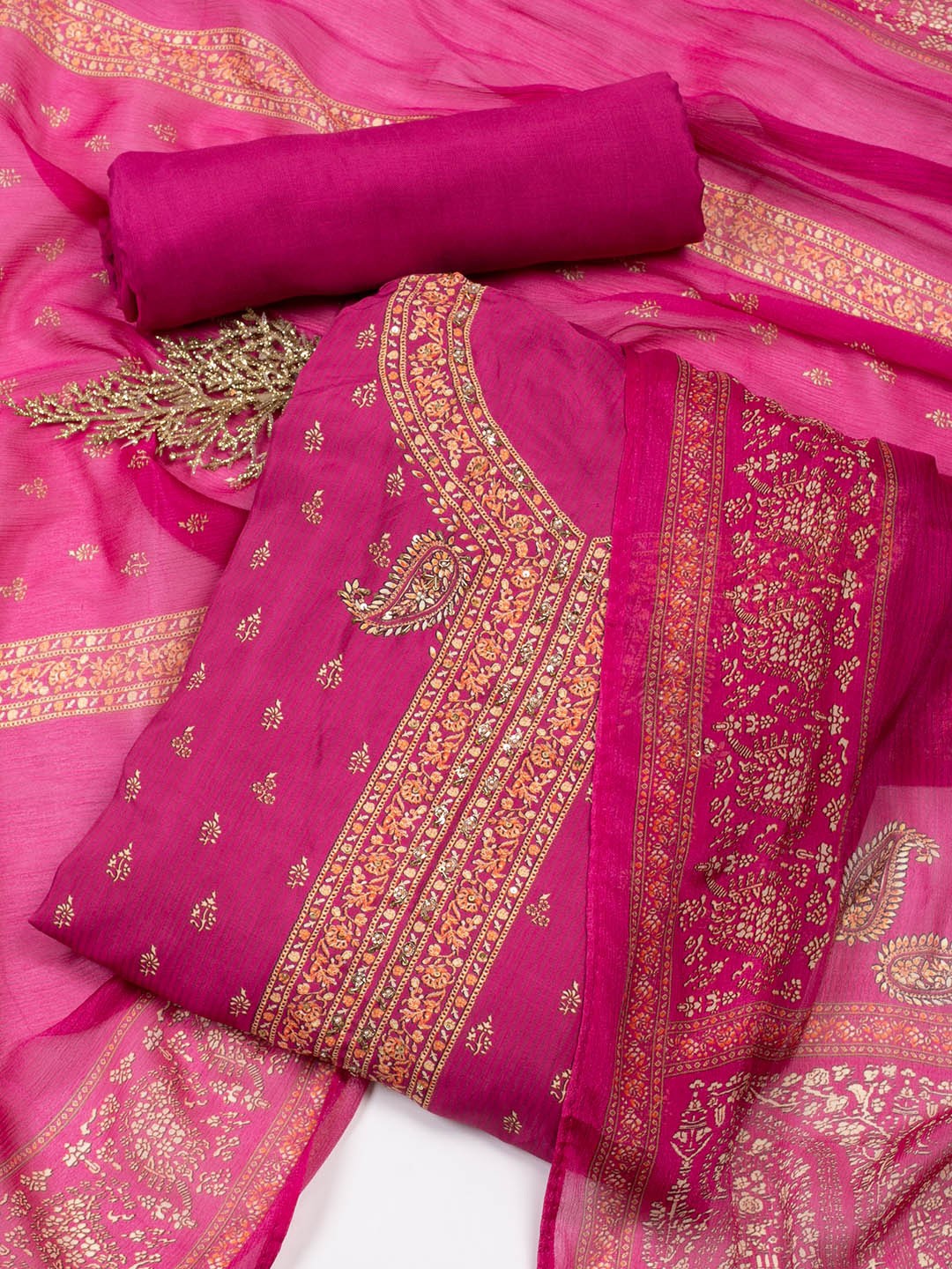 

Meena Bazaar Ethnic Motifs Printed Beads and Stones Unstitched Dress Material, Pink
