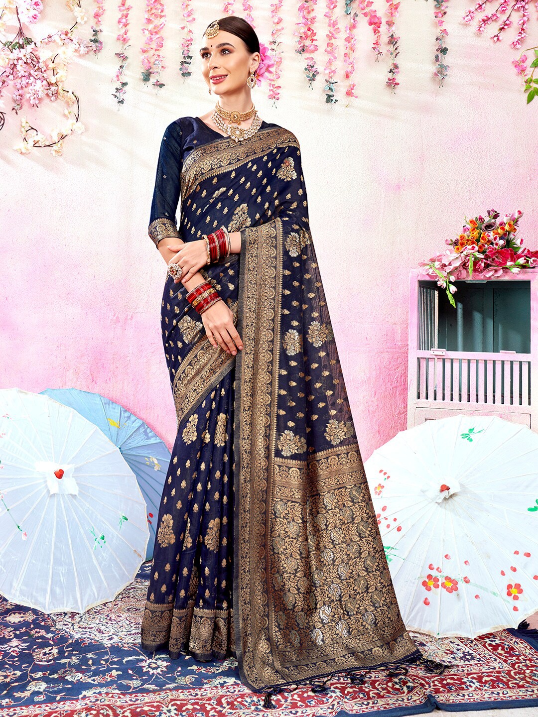 

Anouk Blue & Gold-Toned Floral Woven Design Zari Pure Cotton Chanderi Saree