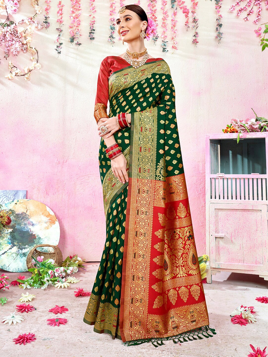 

Anouk Green & Red Ethnic Motifs Woven Design Zari Art Silk Kanjeevaram Saree