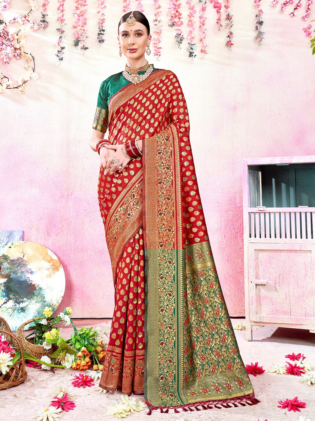 

Anouk Red & Green Ethnic Motifs Woven Design Zari Art Silk Kanjeevaram Saree