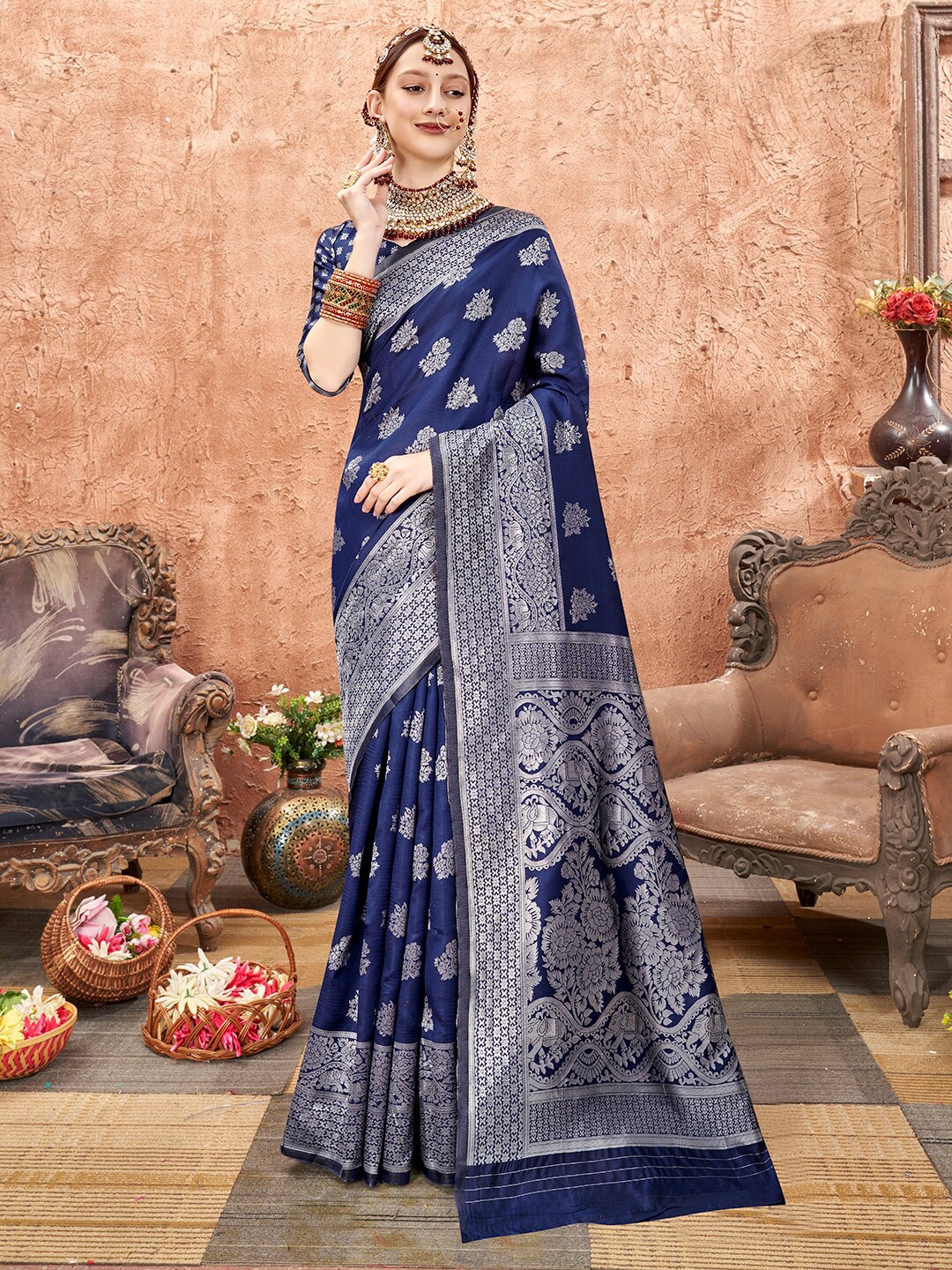 

Anouk Rustic Blue & Silver-Toned Floral Woven Design Zari Art Silk Banarasi Saree