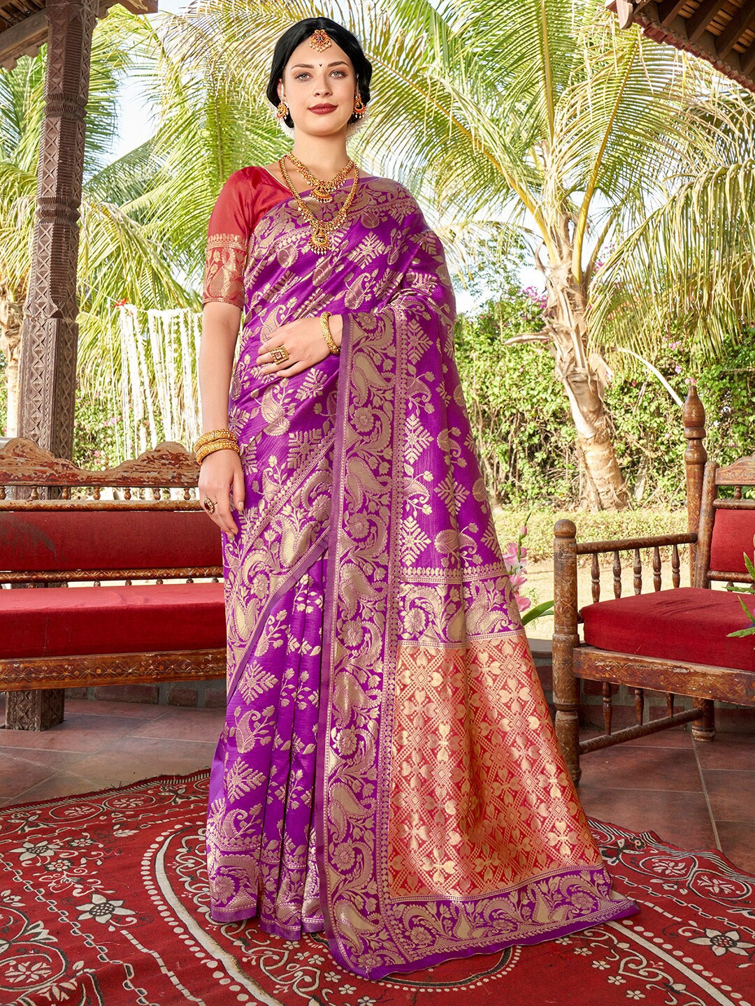 

Anouk Pink & Red Ethnic Motifs Woven Design Zari Banarasi Saree