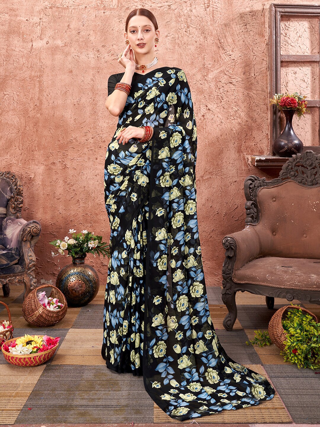 

Anouk Black & Blue Floral Printed Saree