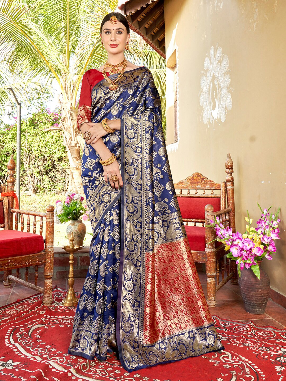 

Anouk Navy Blue & Red Ethnic Motifs Woven Design Zari Banarasi Saree