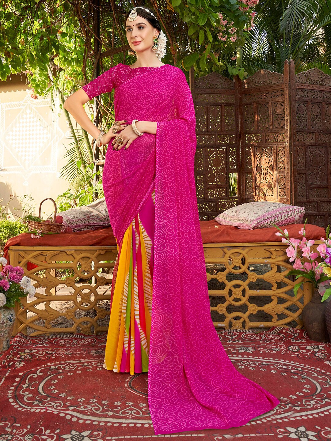 

Anouk Rustic Pink & Yellow Bandhani Printed Saree