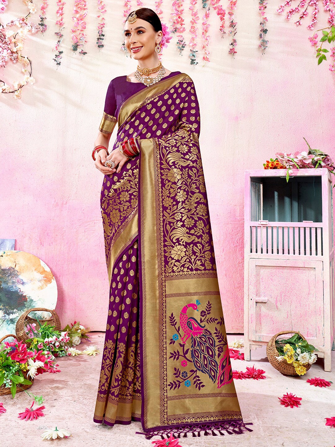 

Anouk Purple Ethnic Motifs Woven Design Zari Banarasi Saree