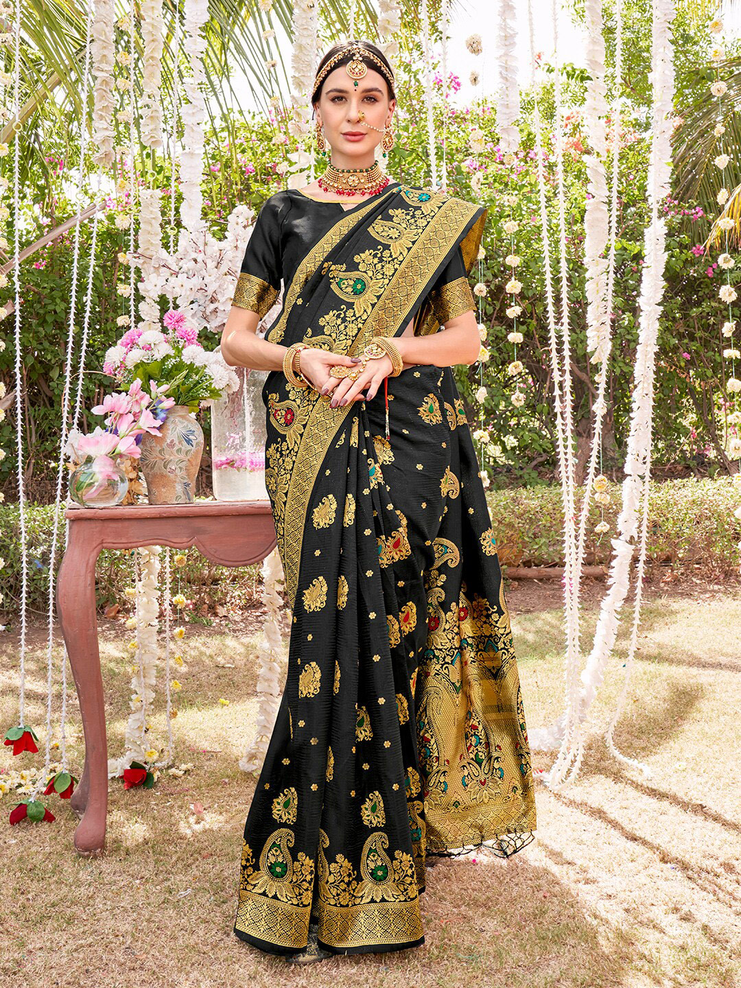 

Anouk Black & Gold Ethnic Motifs Zari Banarasi Saree
