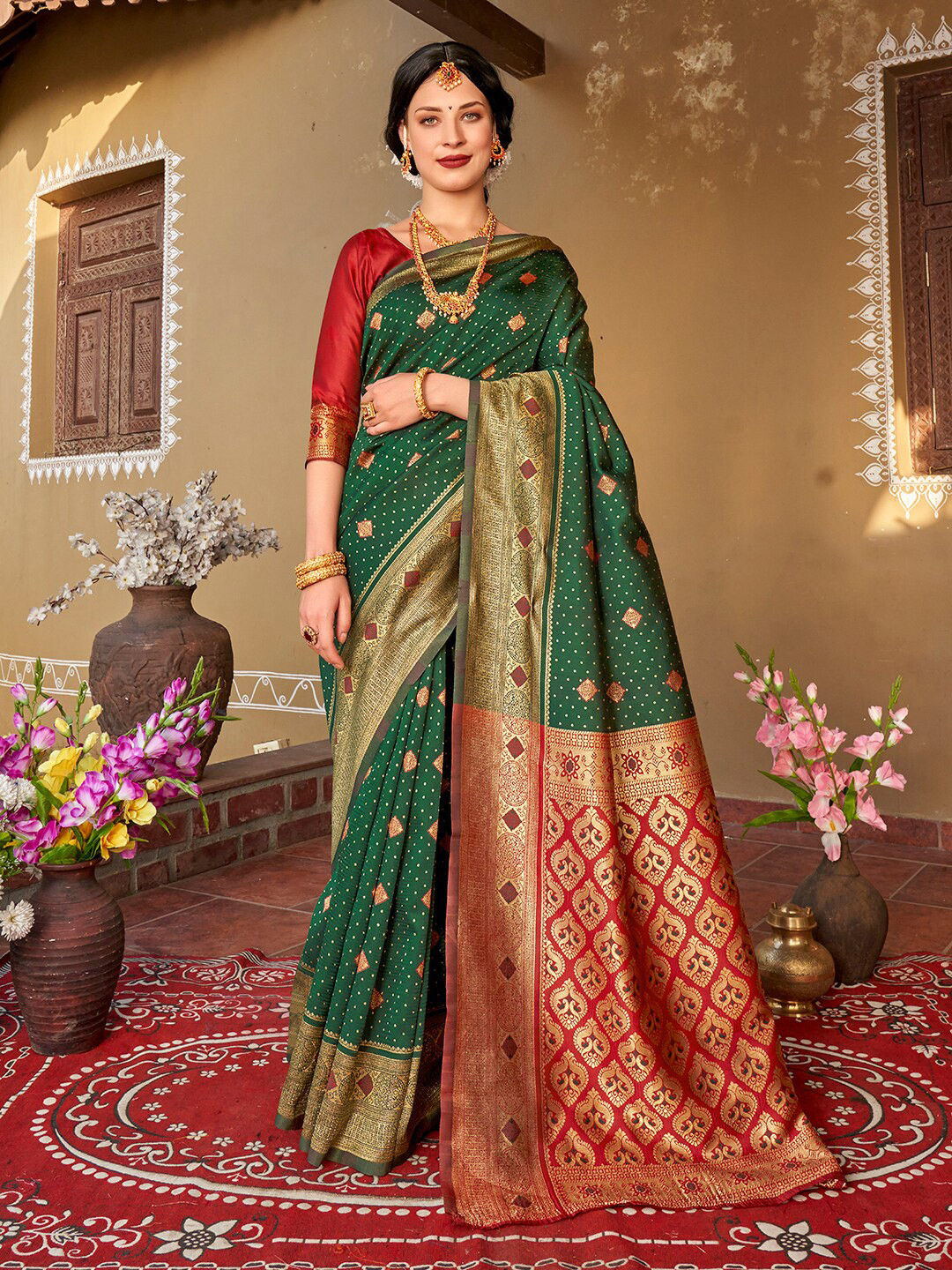 

Anouk Green & Gold Ethnic Motifs Zari Banarasi Saree