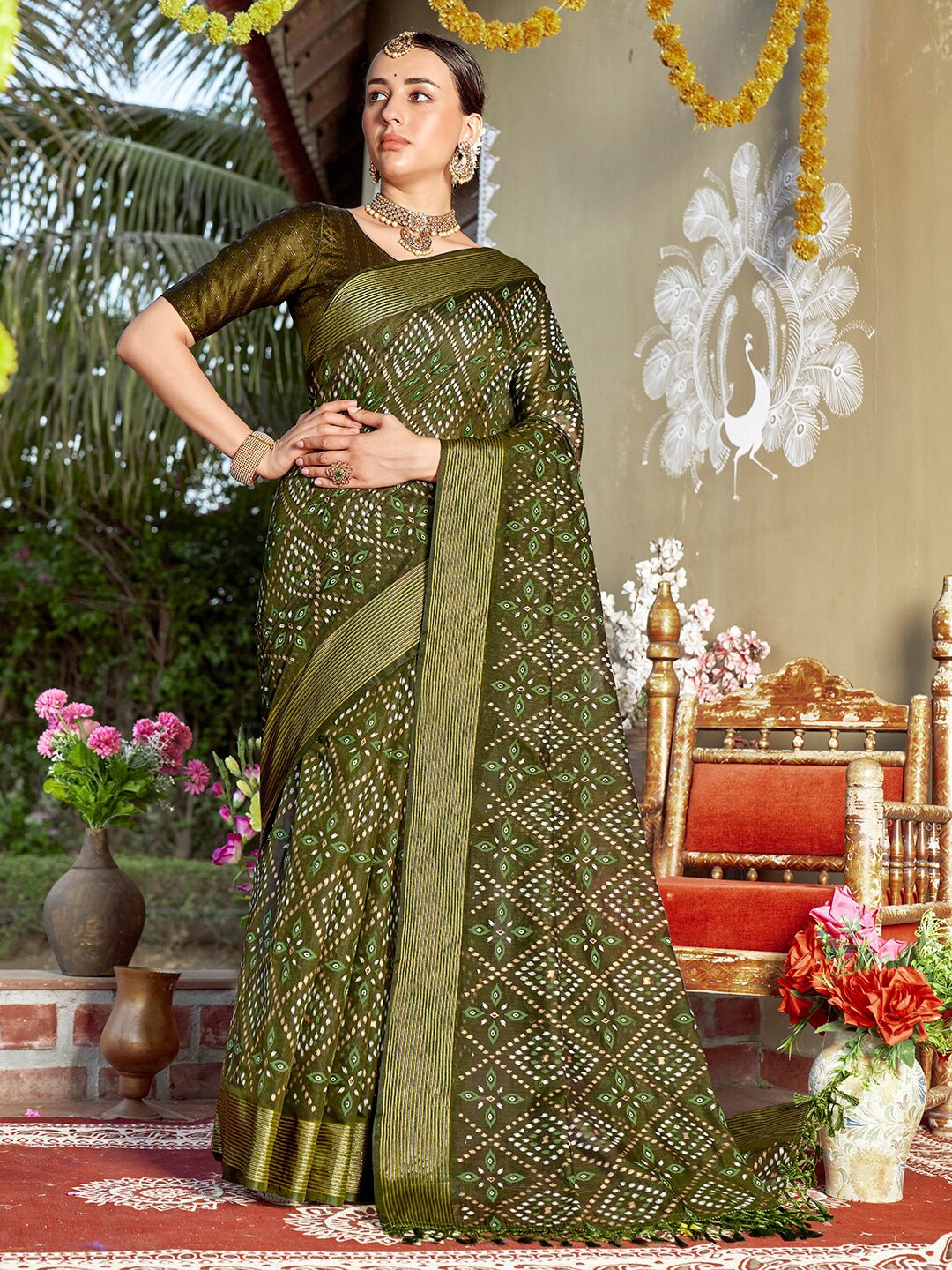 

Anouk Green Ethnic Motifs Printed Chanderi Saree