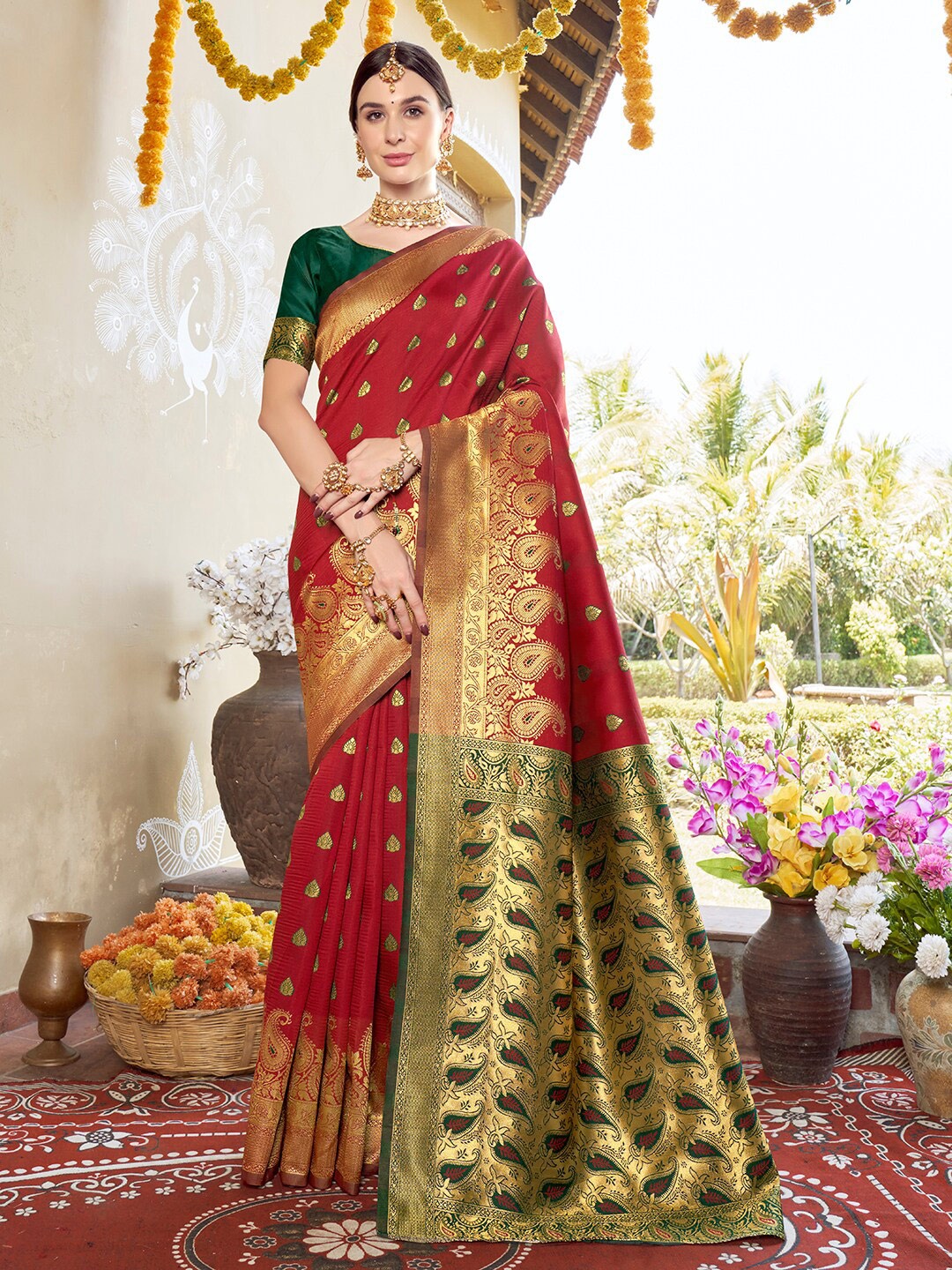 

Anouk Red & Green Ethnic Motifs Woven Design Zari Banarasi Saree