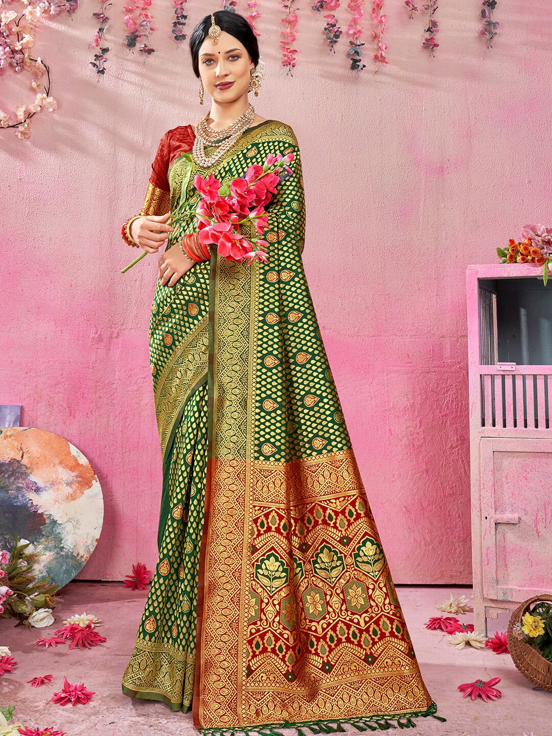 

Anouk Green & Red Ethnic Motifs Woven Design Zari Banarasi Saree