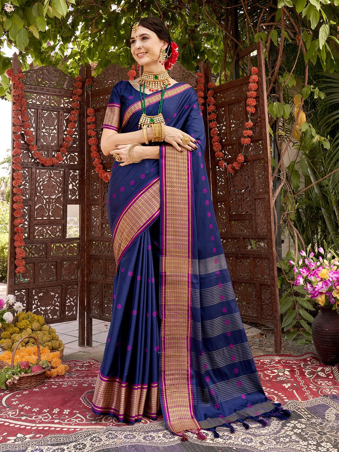 

Anouk Blue & Pink Ethnic Motifs Woven Design Zari Banarasi Saree