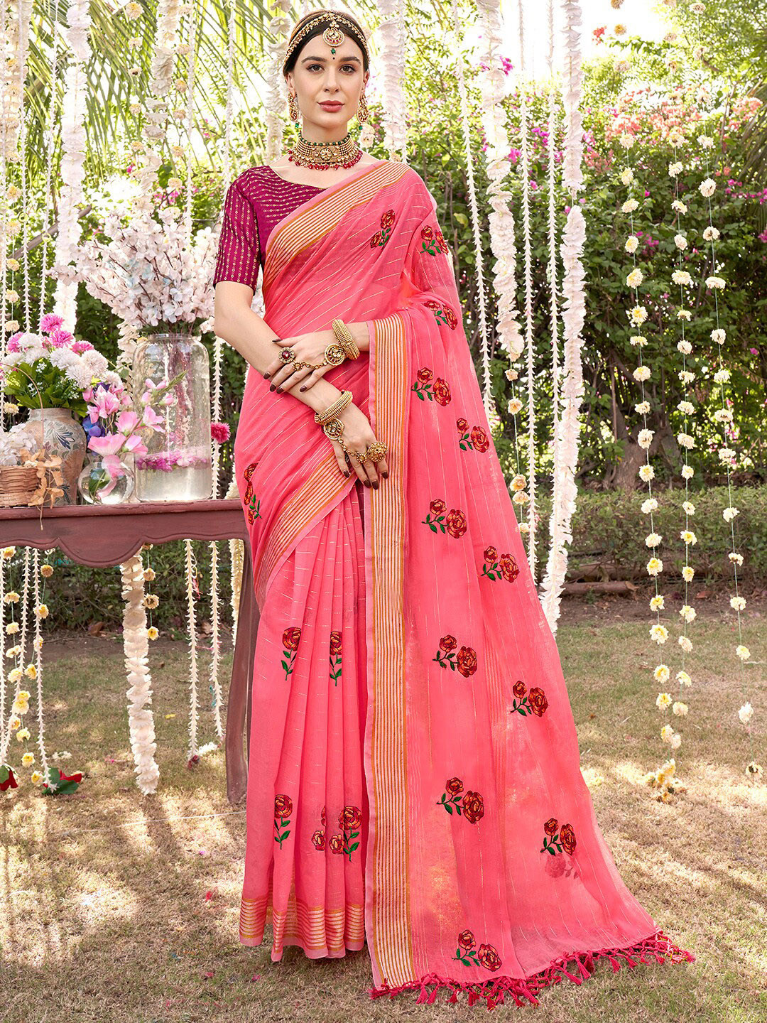 

Anouk Pink & Green Floral Embroidered Chanderi Saree