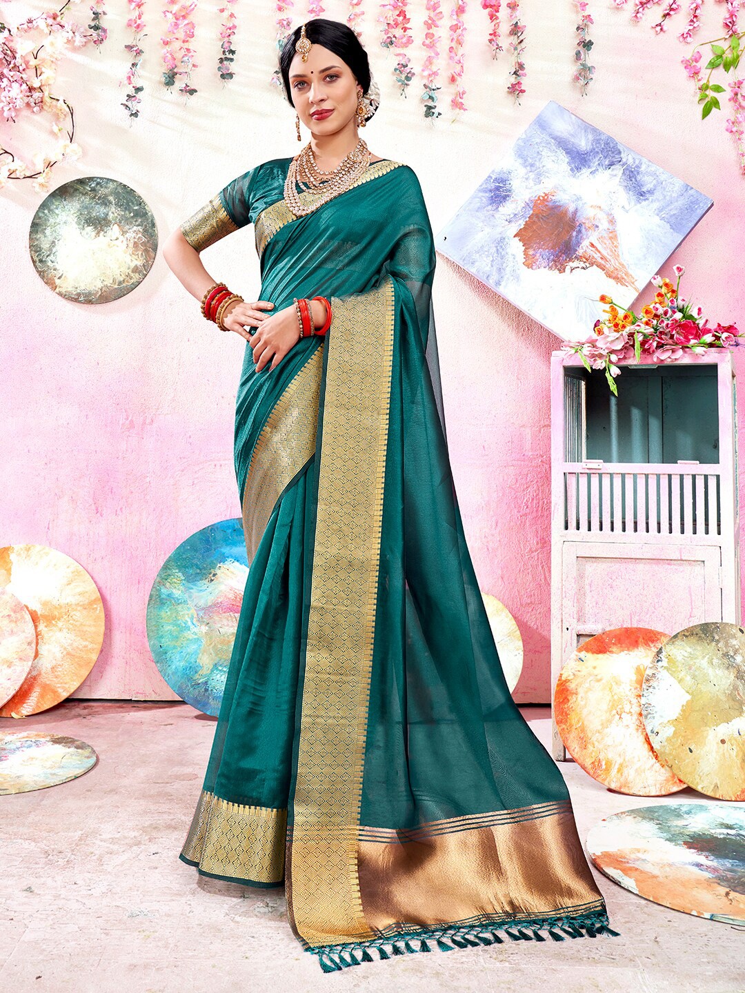 

Anouk Green Woven Design Zari Saree