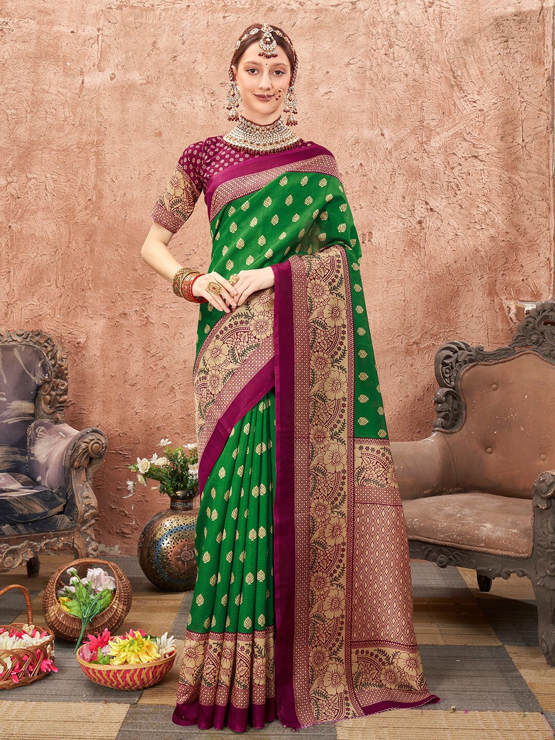 

Anouk Rustic Green & Purple Ethnic Motifs Woven Design Zari Saree