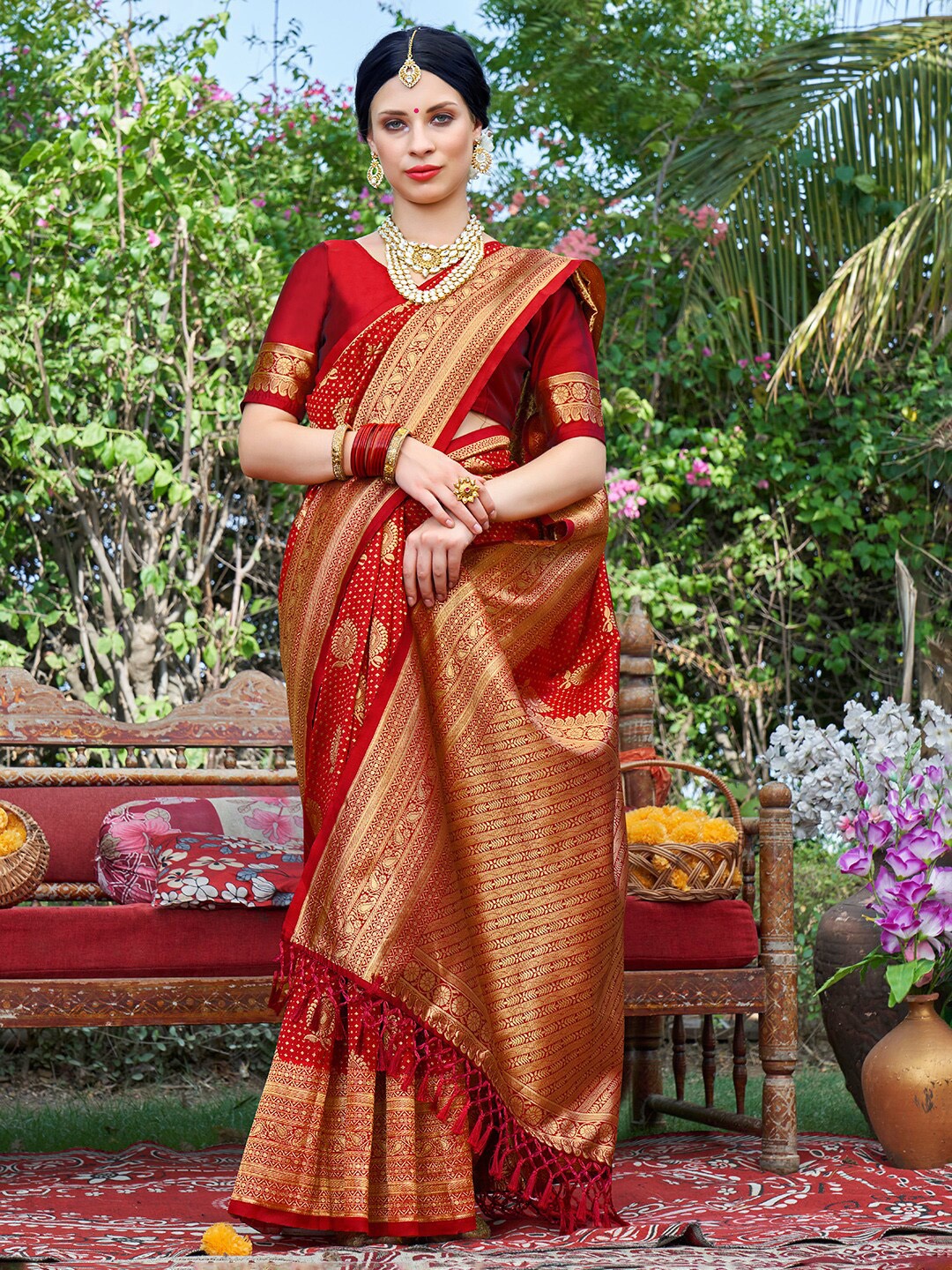 

Anouk Red & Gold-Toned Ethnic Motifs Woven Design Zari Banarasi Saree