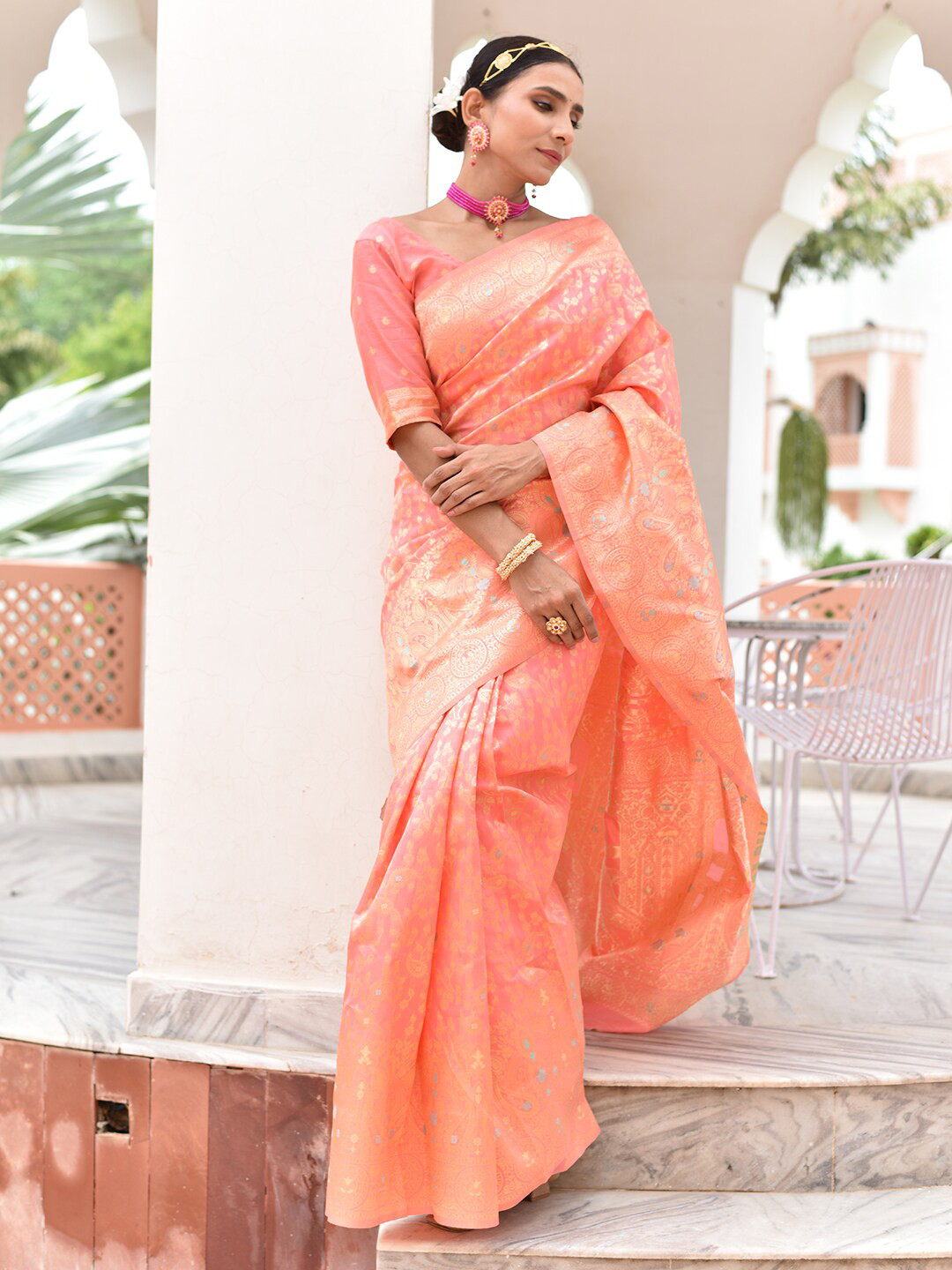 

Anouk Pink & Gold-Toned Ethnic Motifs Woven Design Zari Chanderi Saree