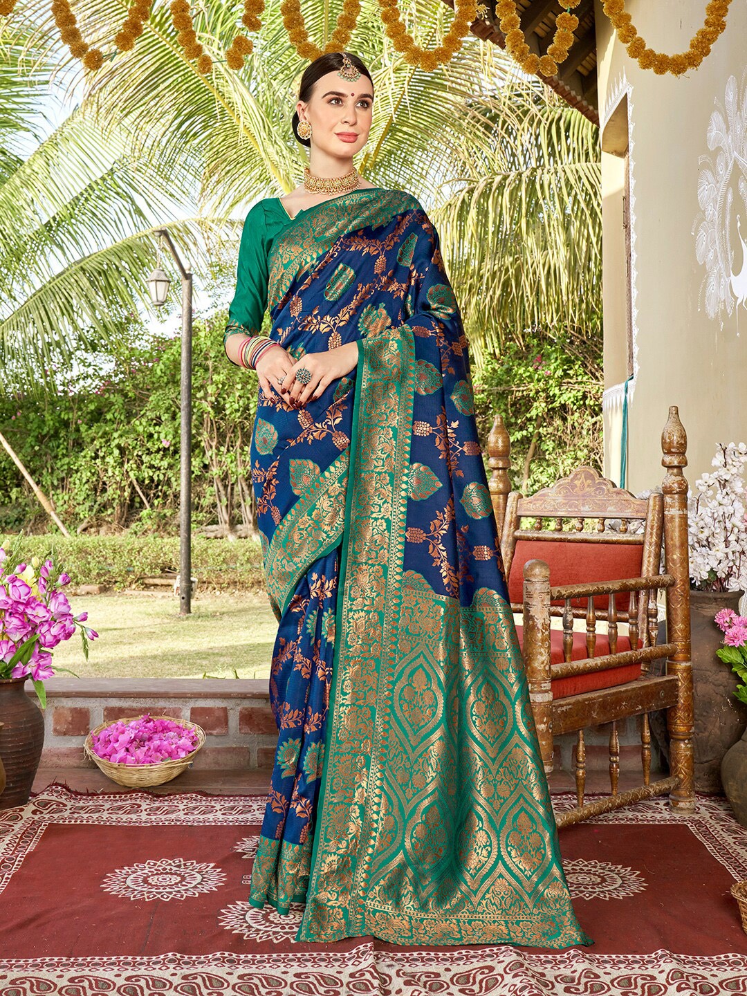 

Anouk Navy Blue & Green Woven Design Zari Detailed Art Silk Kanjeevaram Saree