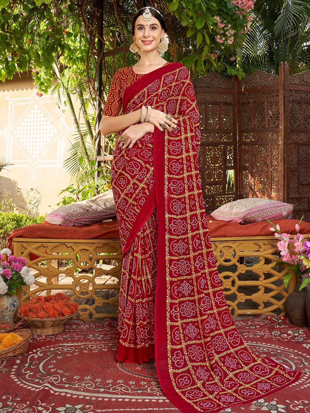 

Anouk Rustic Red & Yellow Bandhani Printed Art Silk Saree