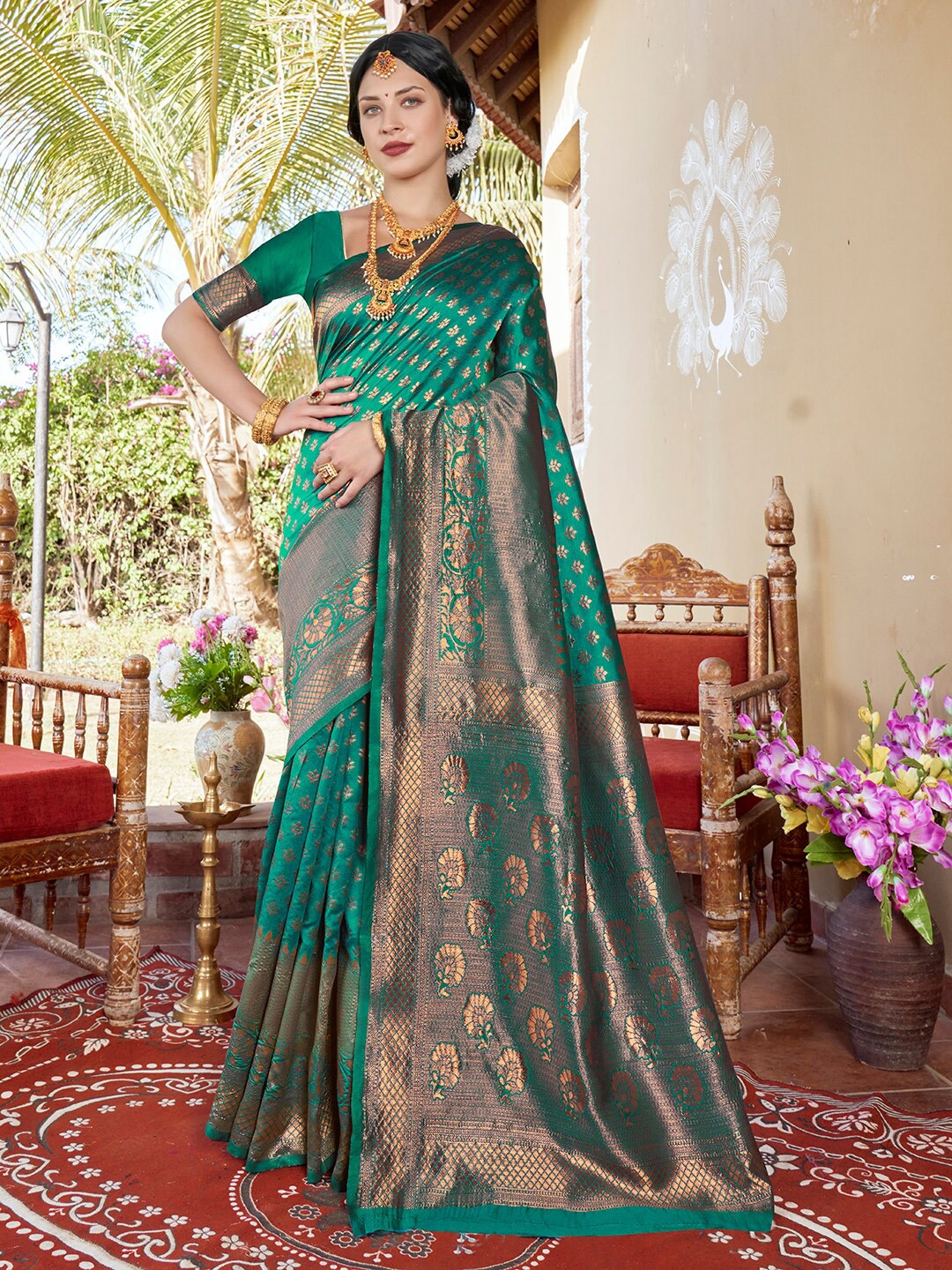 

Anouk Green & Gold-Toned Woven Design Zari Detailed Art Silk Banarasi Saree