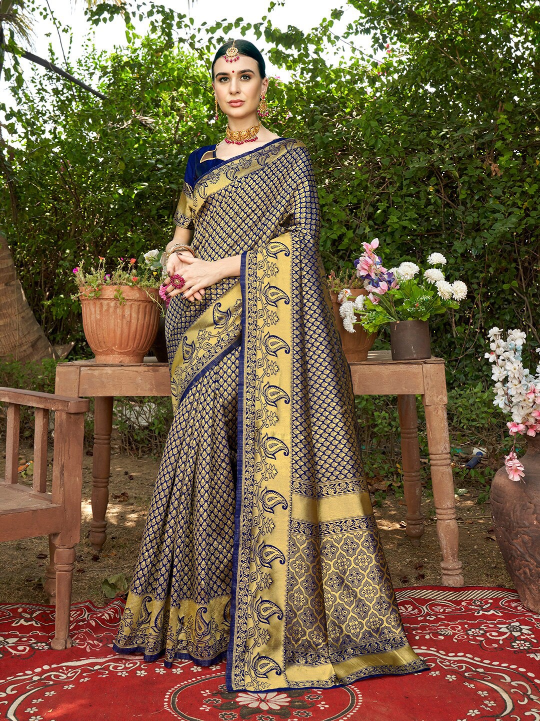 

Anouk Rustic Blue & Gold-Toned Woven Design Zari Detailed Art Silk Kanjeevaram Saree