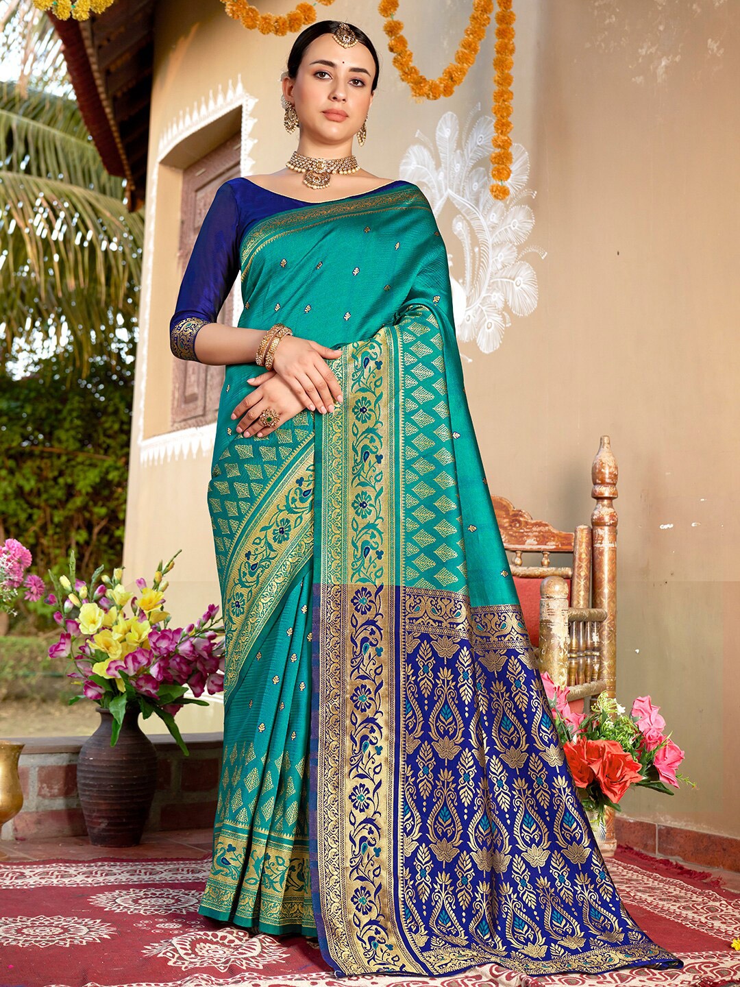 

Anouk Green & Blue Woven Design Zari Detailed Art Silk Chanderi Saree