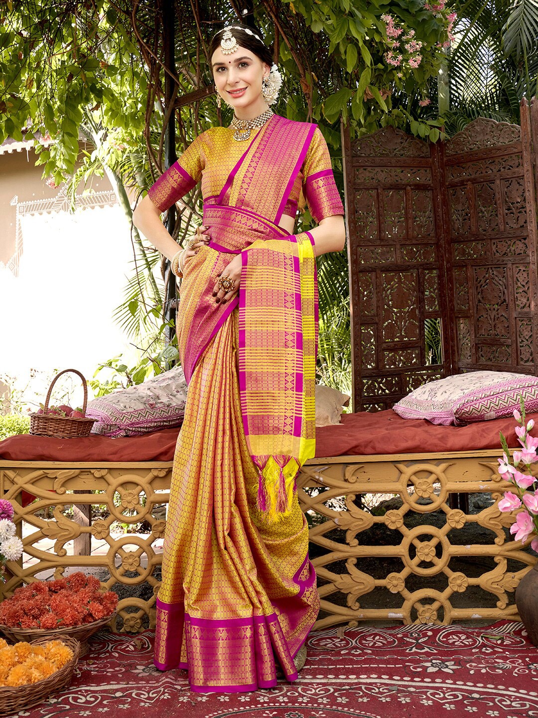 

Anouk Rustic Yellow & Pink Woven Design Zari Detailed Art Silk Banarasi Saree