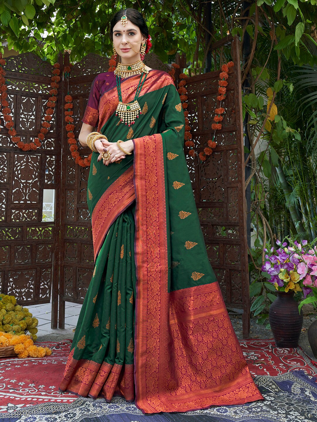 

Anouk Green & Maroon Ethnic Motifs Woven Design Zari Art Silk Kanjeevaram Saree